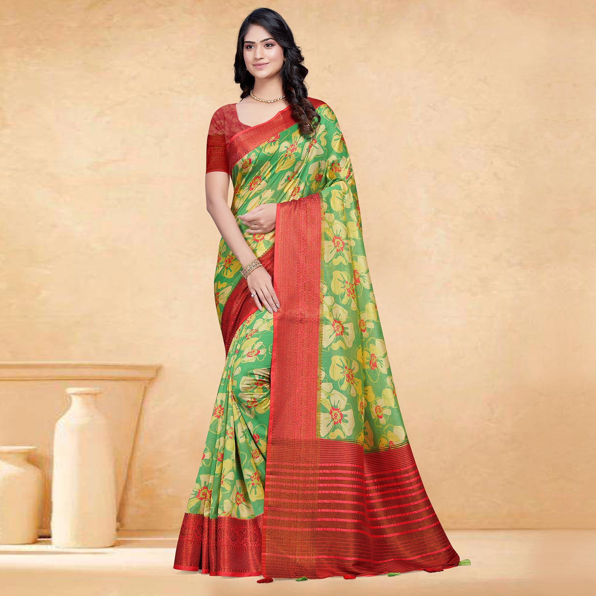 Green Floral Digital Printed Tussar Silk Saree