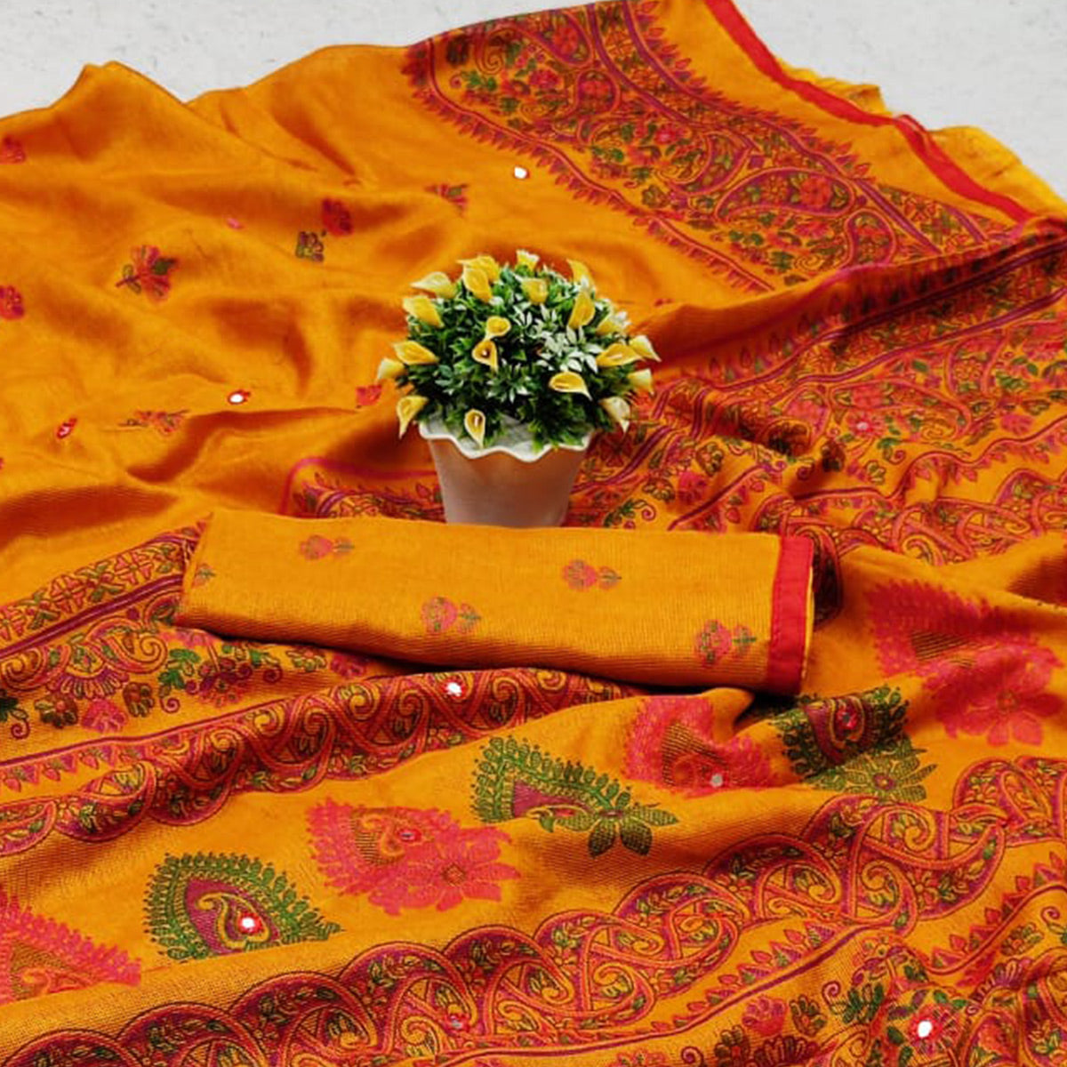 Mustard Printed Cotton Blend Saree With Tassels