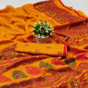 Mustard Printed Cotton Blend Saree With Tassels