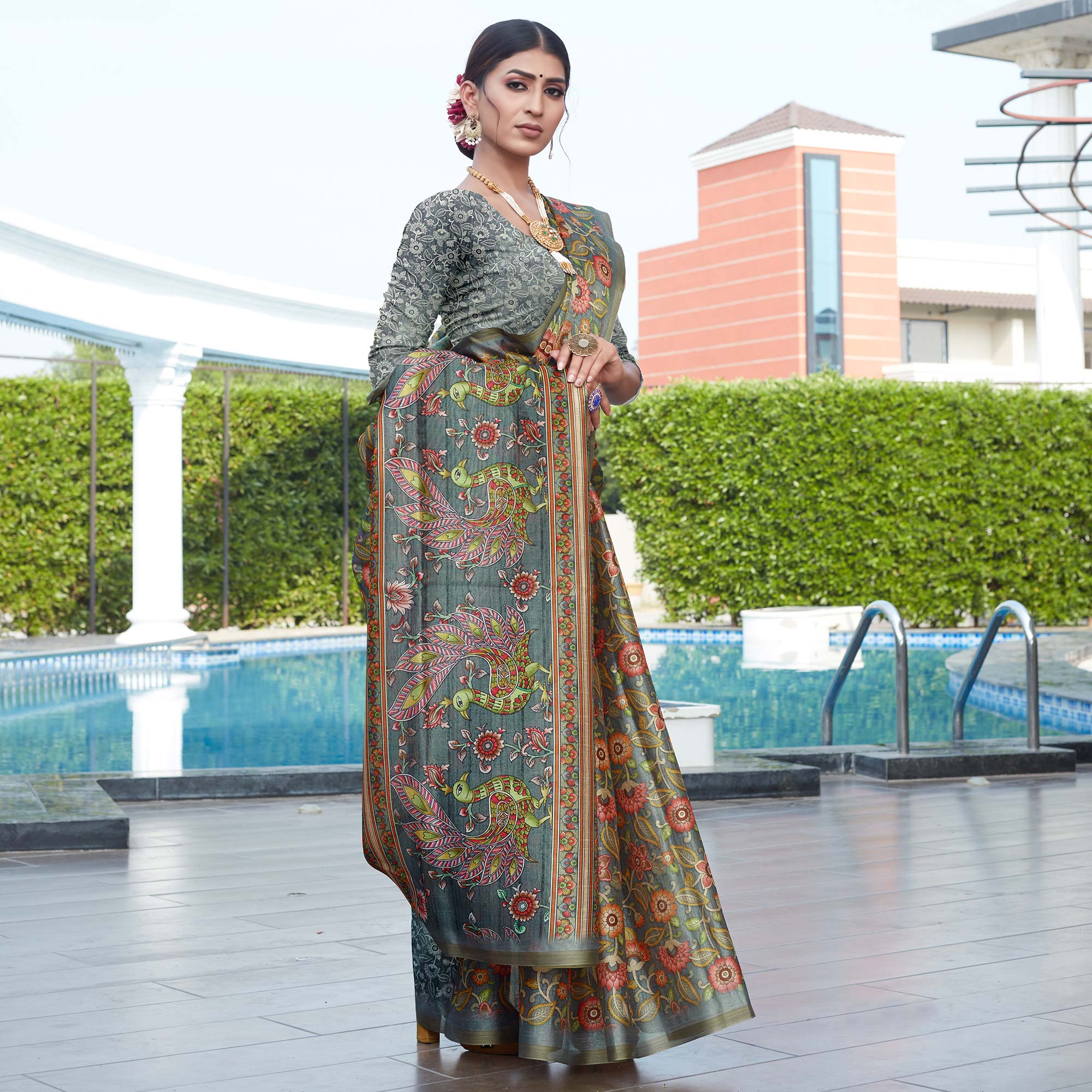 Grey Floral Digital Printed Cotton Silk Saree