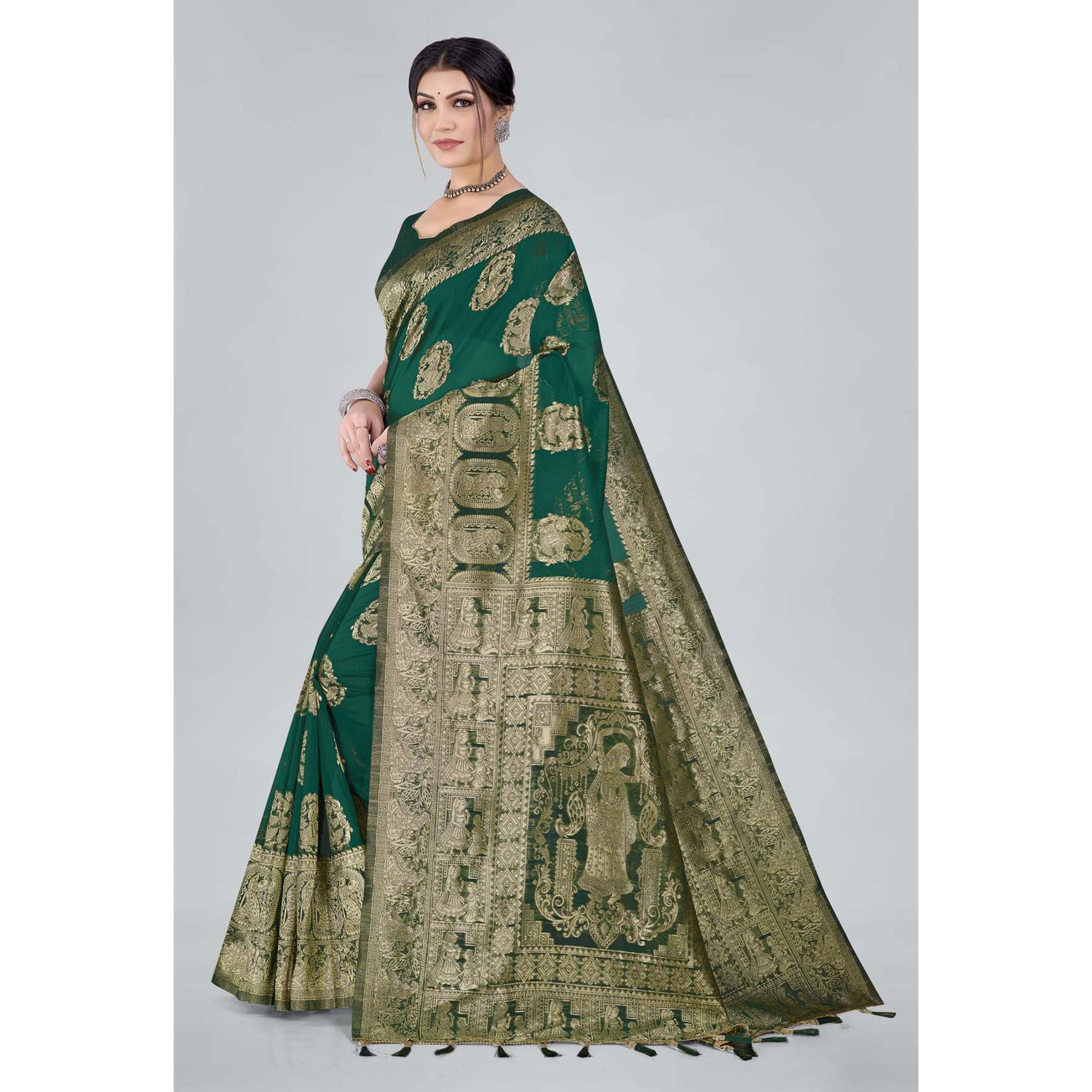 Green Woven Organza Saree With Tassels