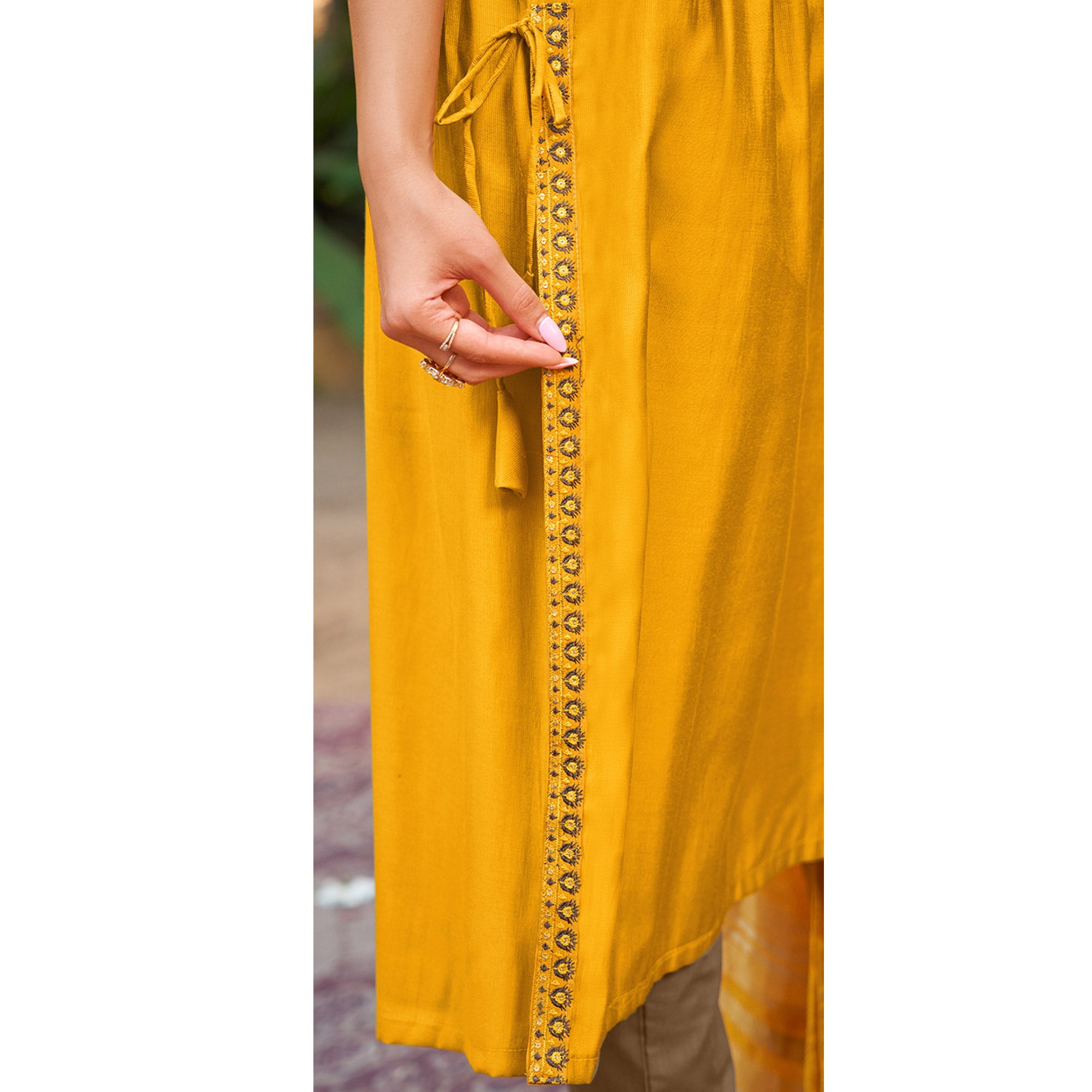 Mustard Floral Embroidered Pure Silk Naira Cut Suit