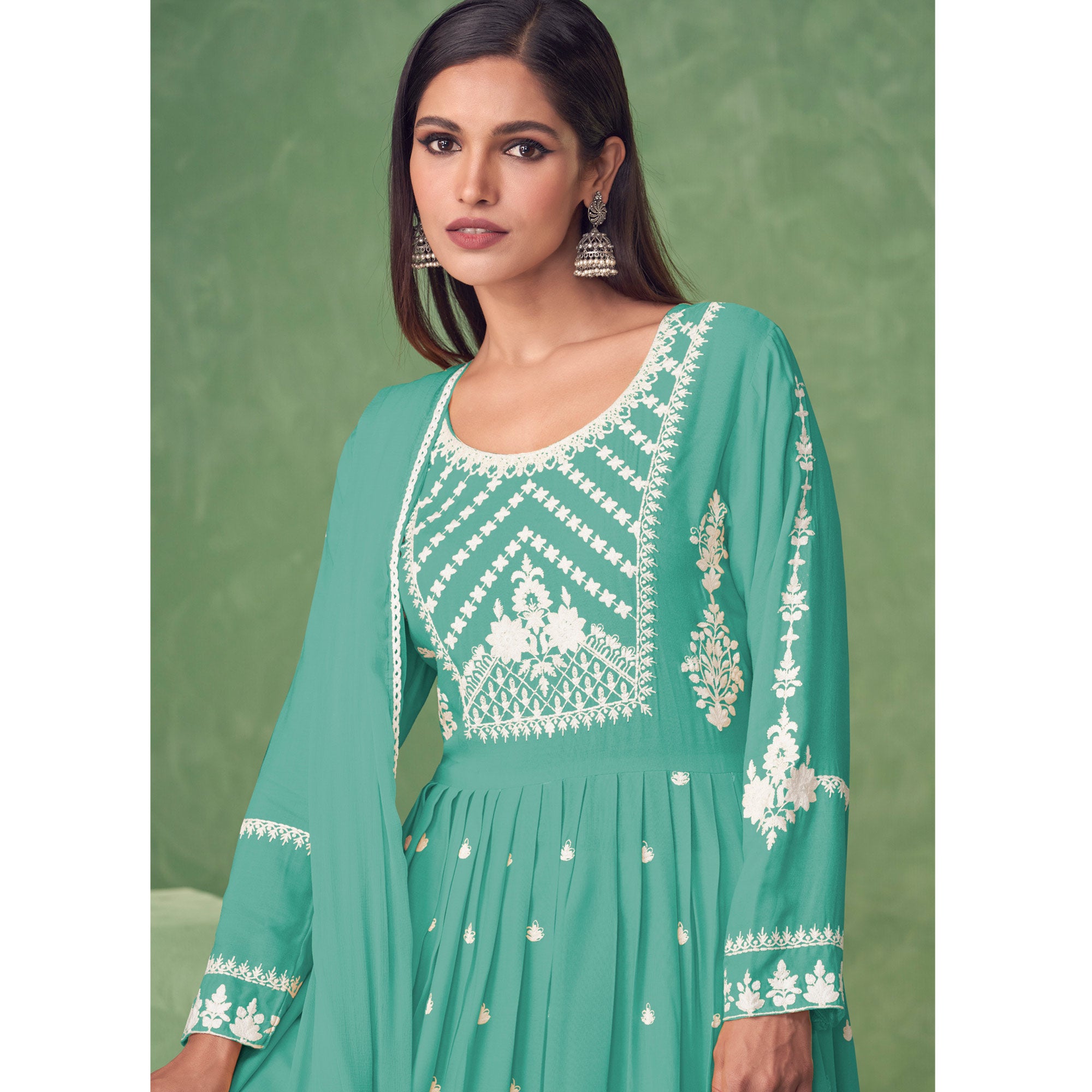 Turquoise Lucknowi Work Rayon Naira Cut Palazzo Suit
