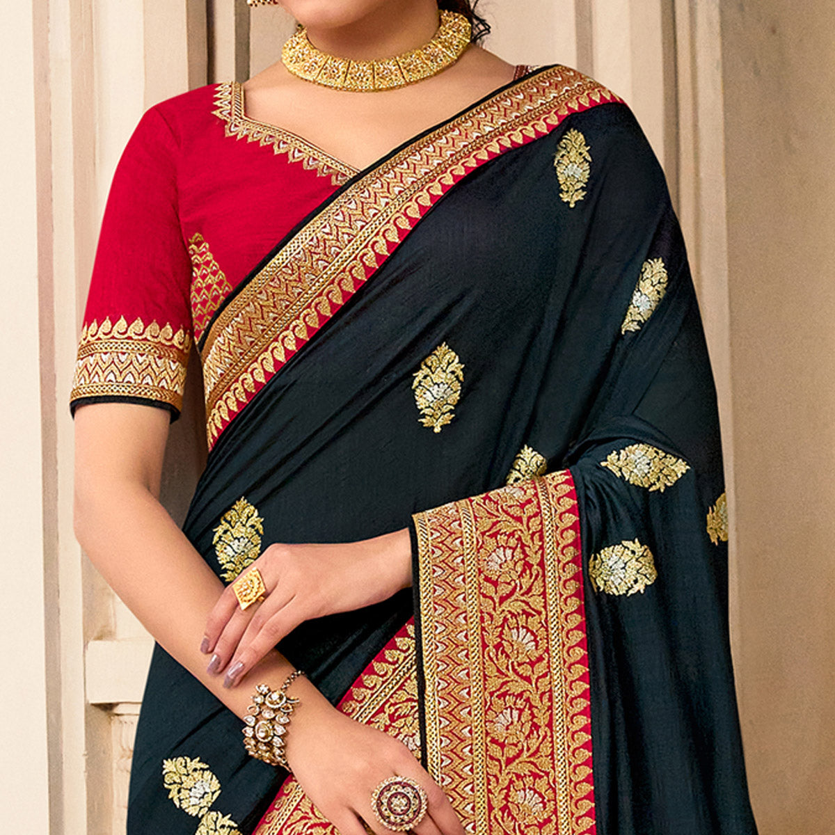 Black Embroidered Vichitra Silk Saree With With Tassels