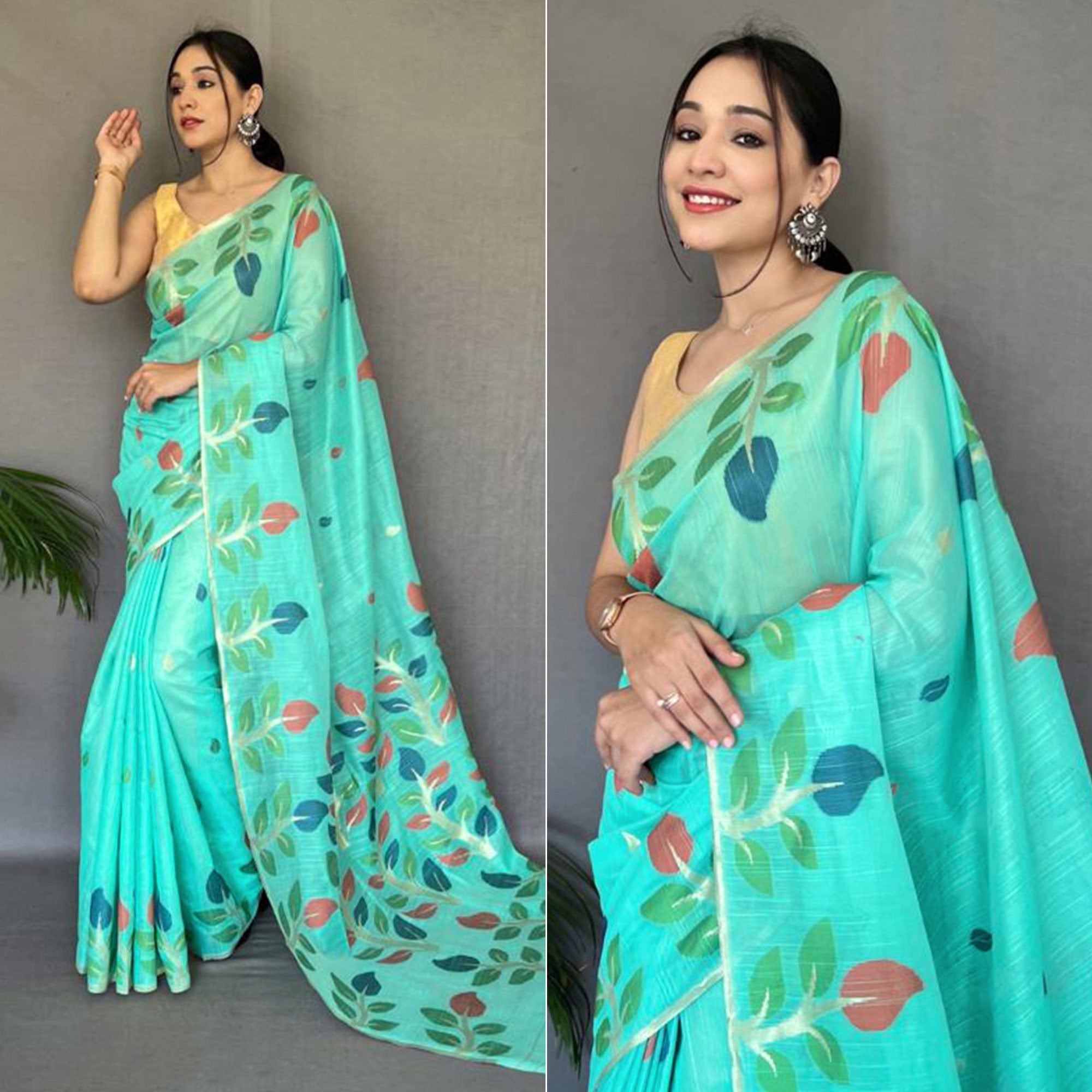 Rama Green Floral Woven Cotton Saree