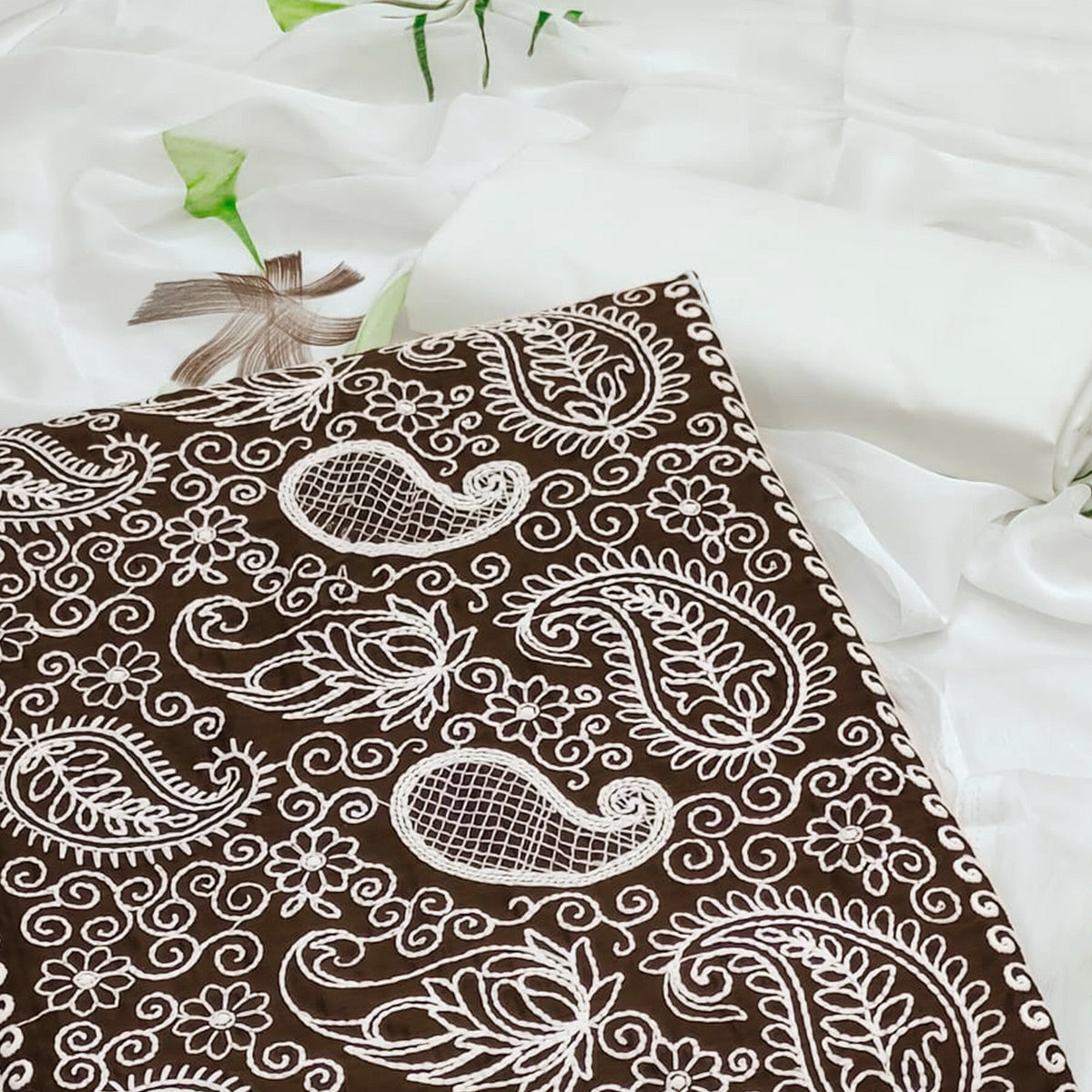 Brown Embroidered Cotton Blend Dress Material