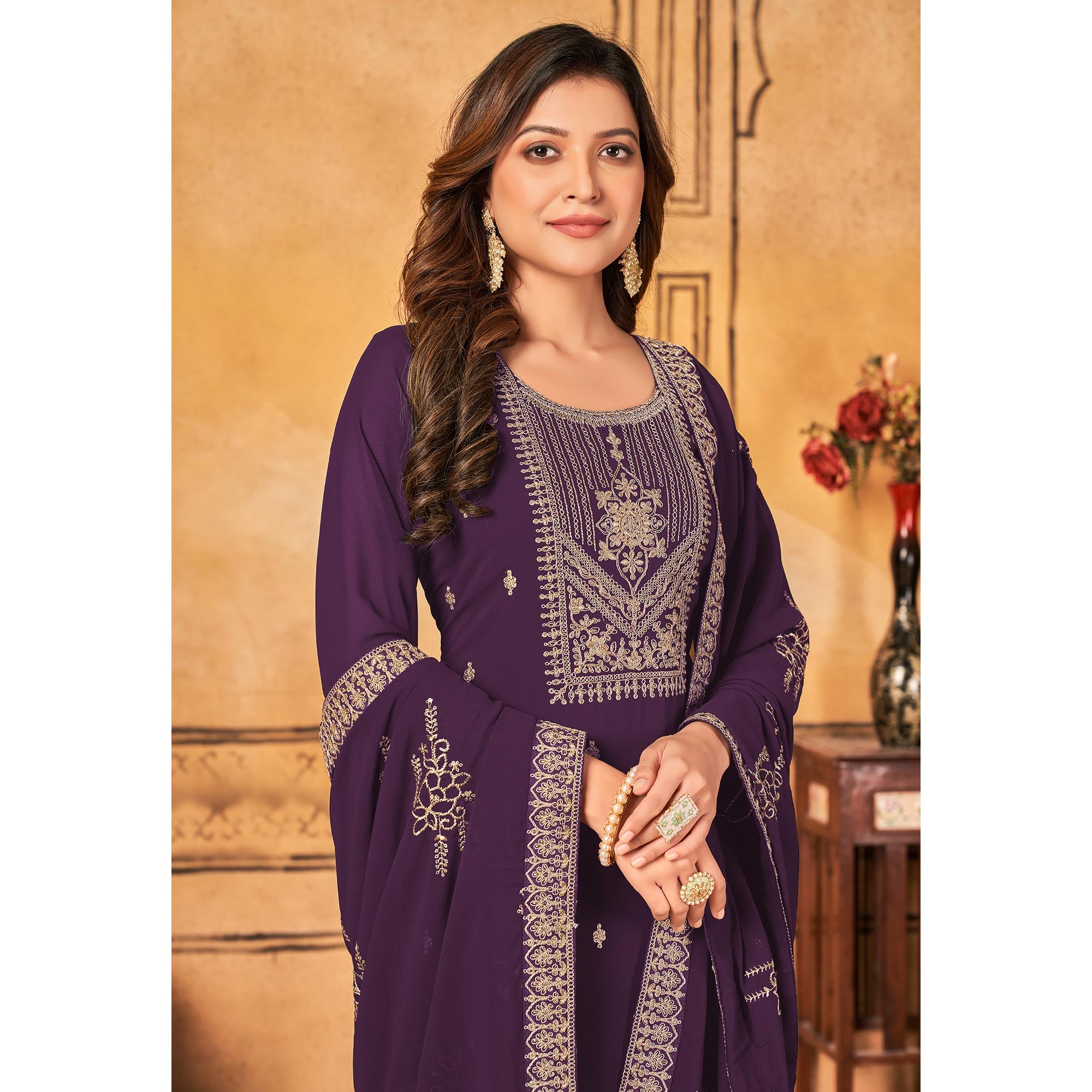 Purple Floral Embroidered Georgette Salwar Suit