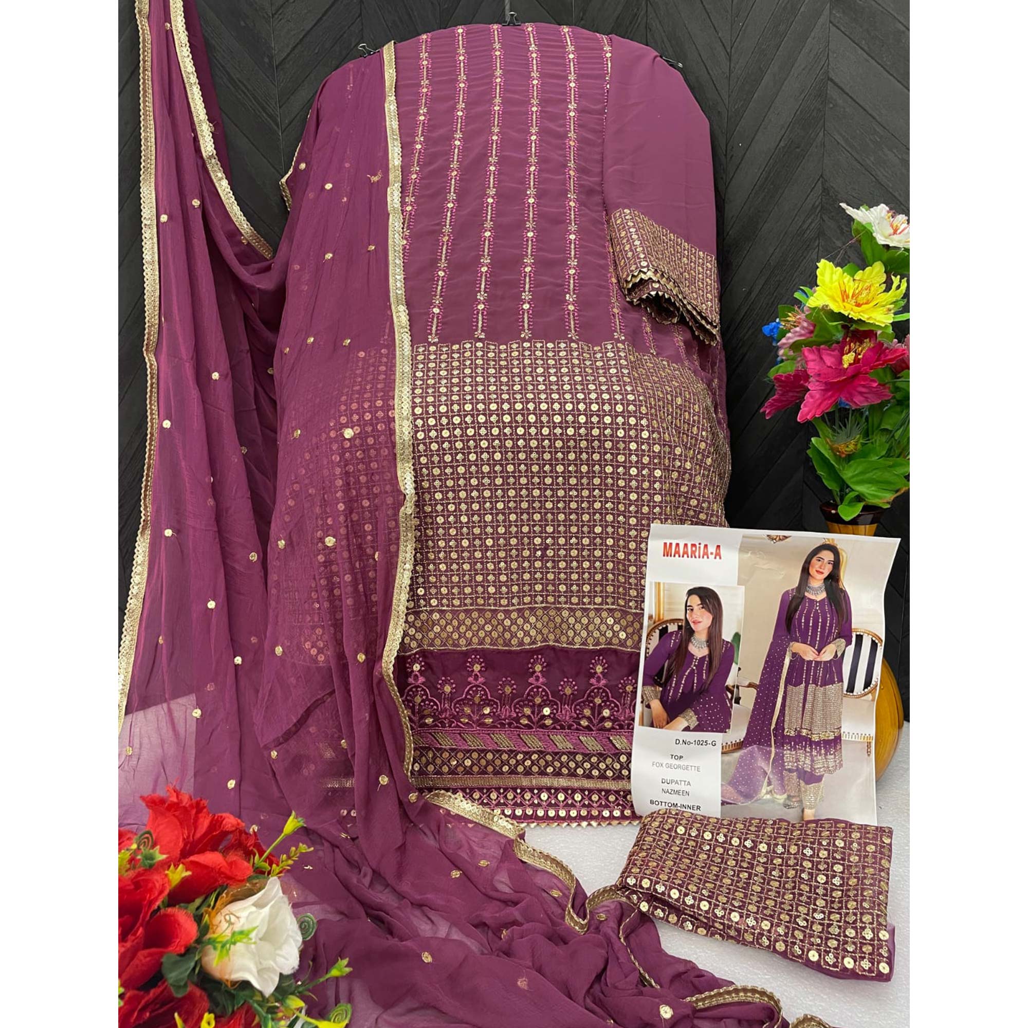 Mauve Sequins Embroidered Georgette Pakistani Suit