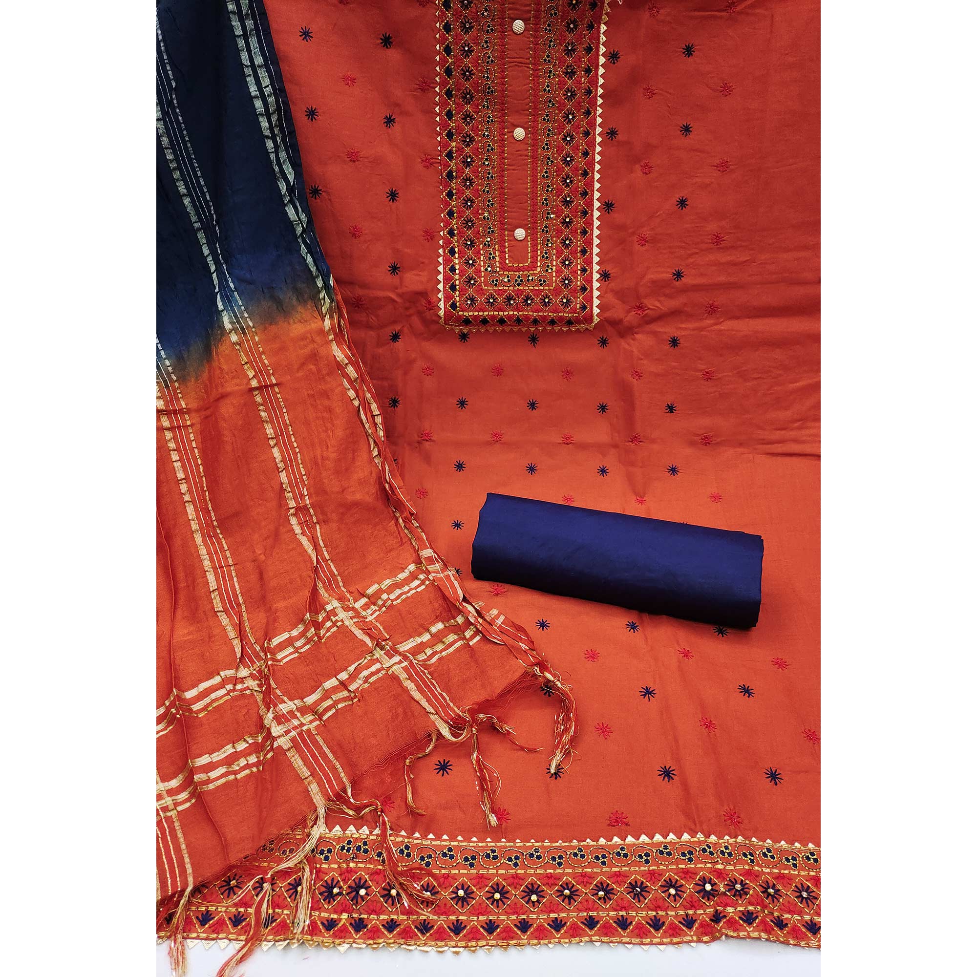 Orange Floral Embroidered Cotton Blend Dress Material