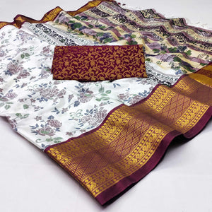White And Maroon Floral Printed With Woven Cotton Silk Saree