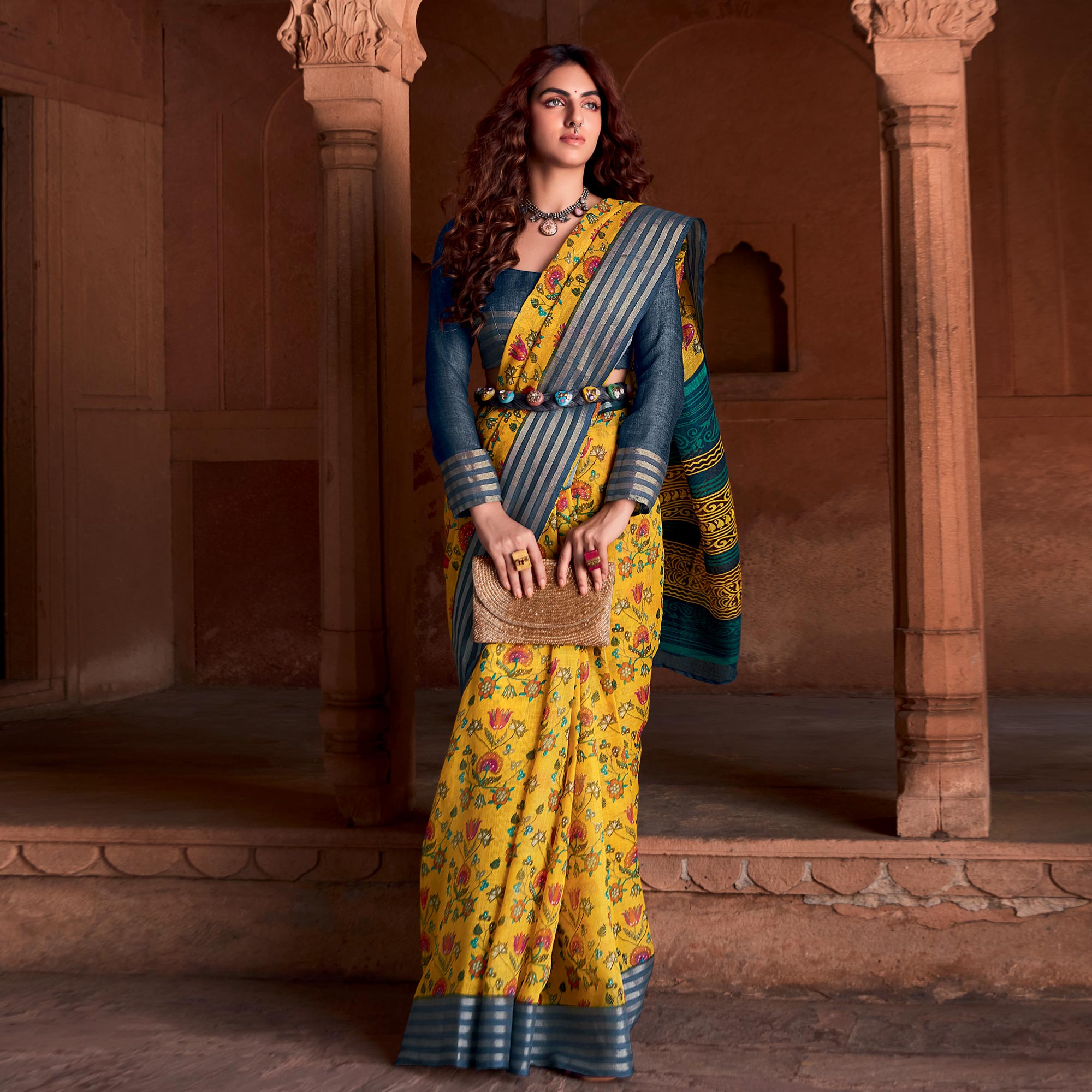 Yellow Floral Printed Linen Saree