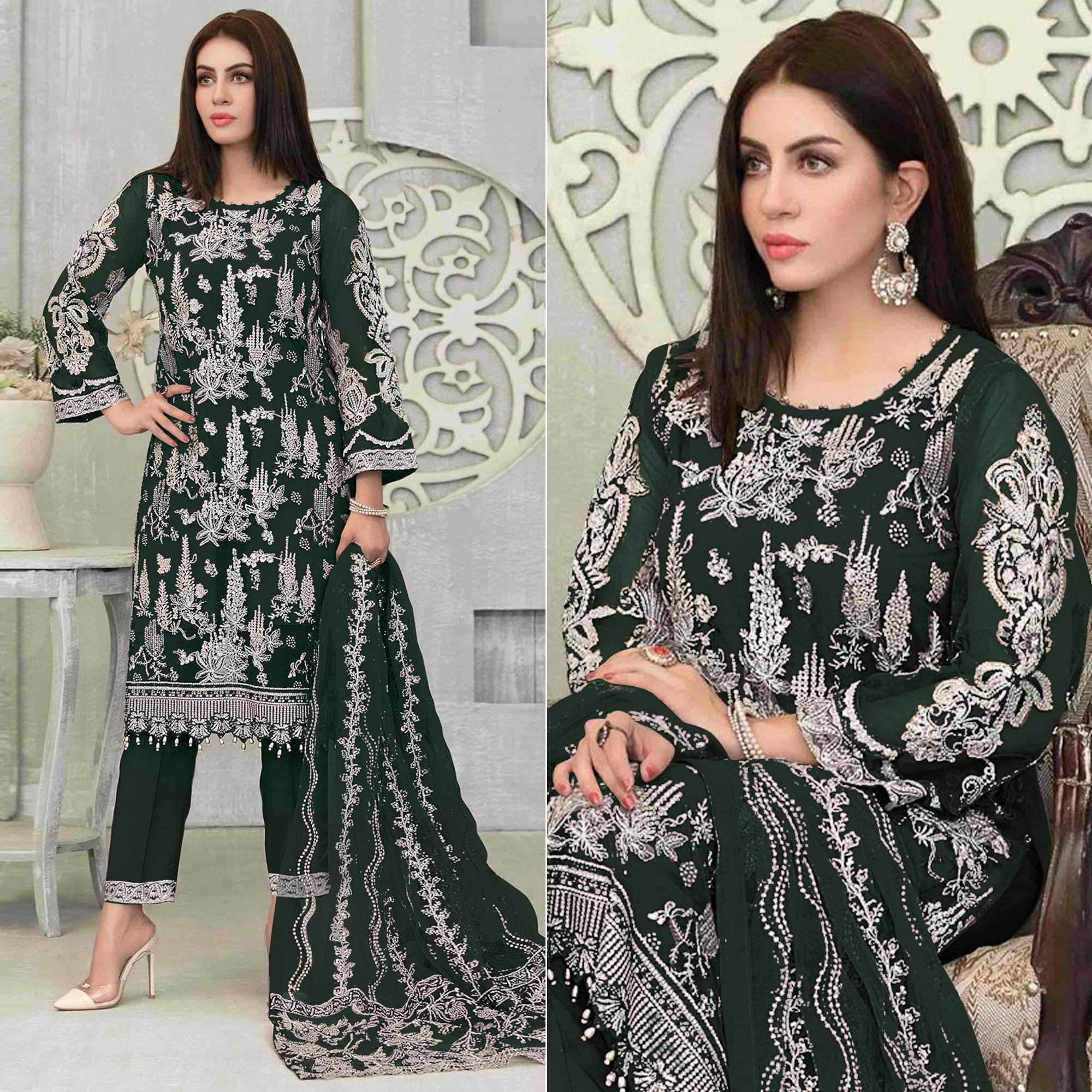 Green Floral Embroidered Georgette Pakistani Suit