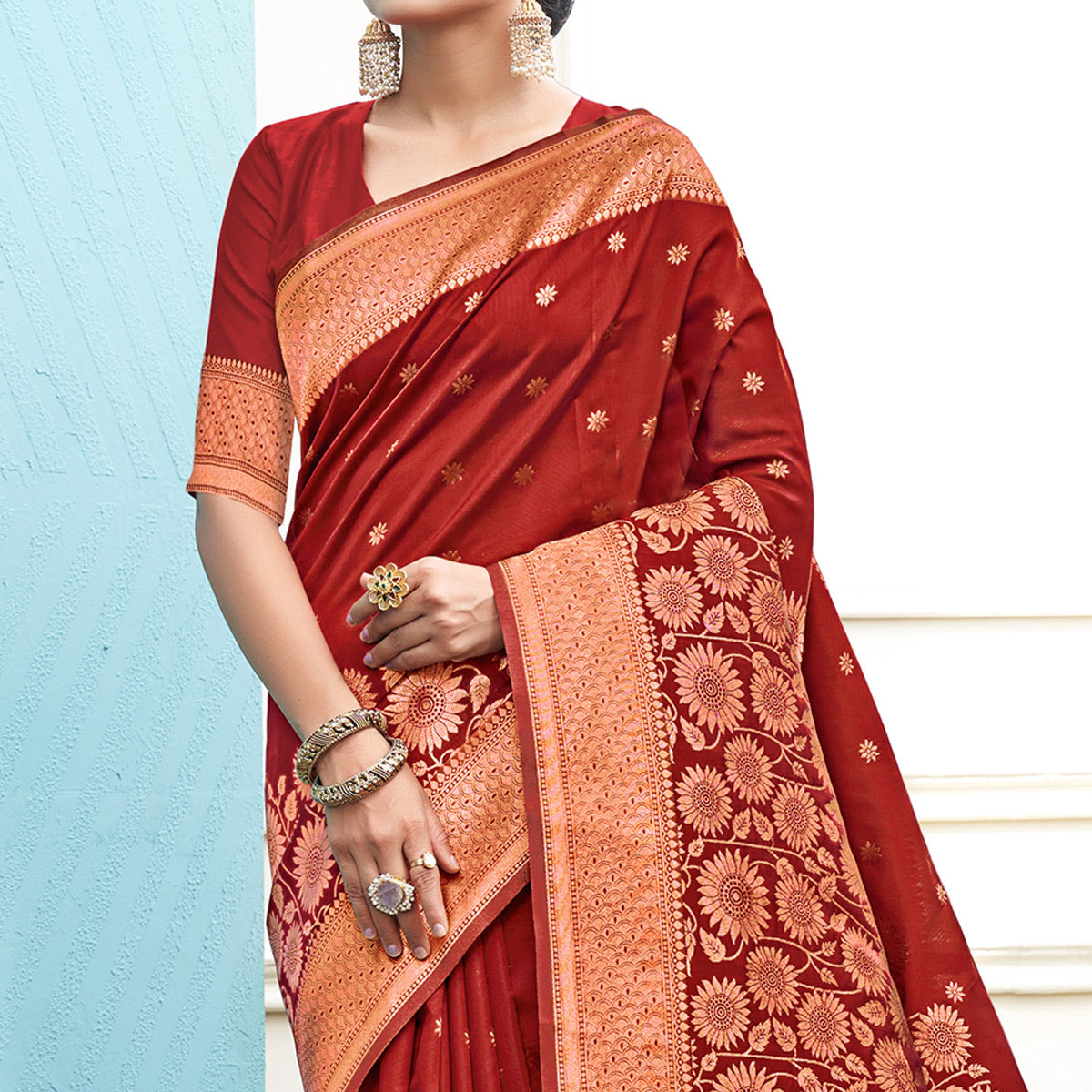 Red Floral Woven Art Silk Saree