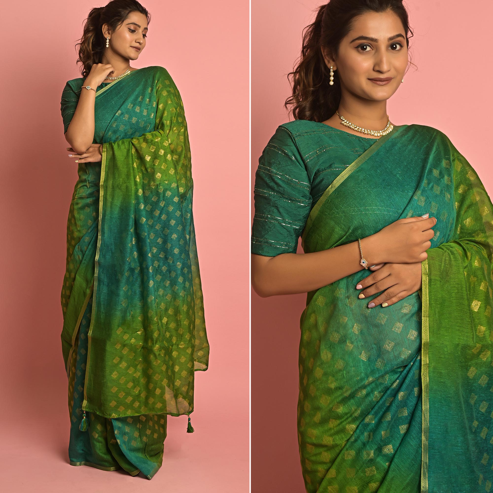 Green & Teal Foil Printed Cotton Blend Saree
