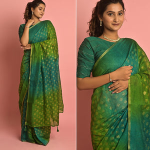Green & Teal Foil Printed Cotton Blend Saree