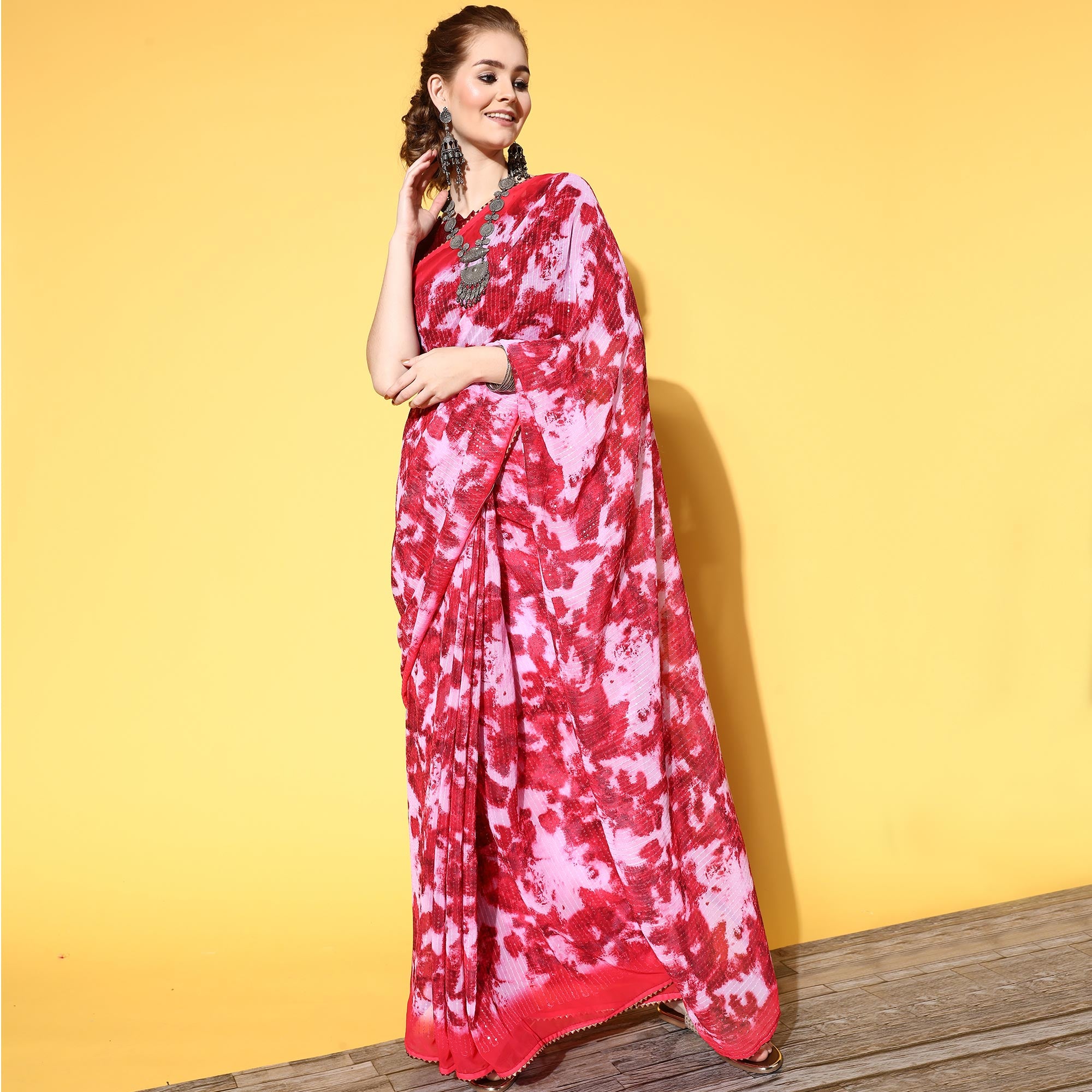 Pink Printed With Sequins Embroidered Georgette Saree