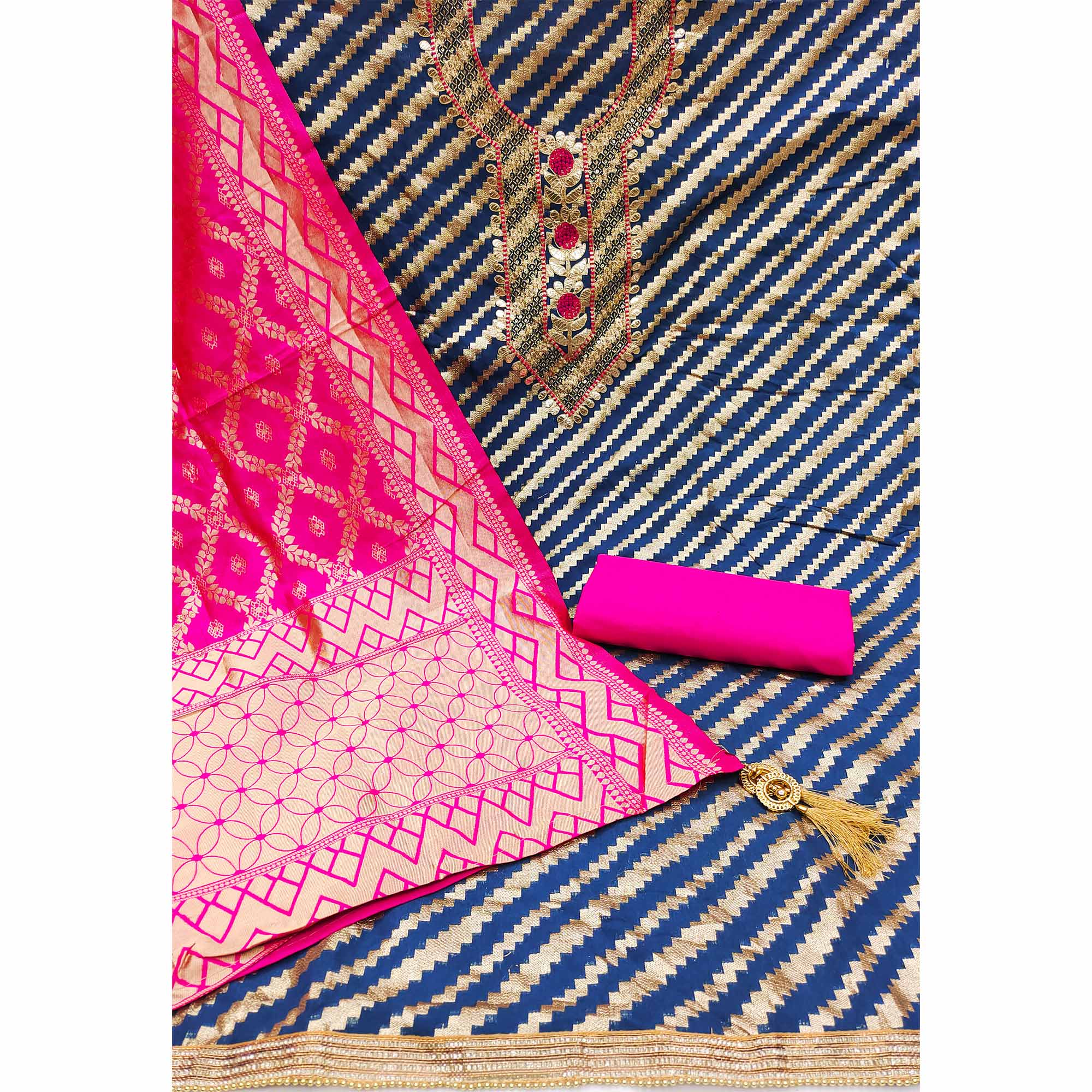 Blue Woven Jacquard Dress Material