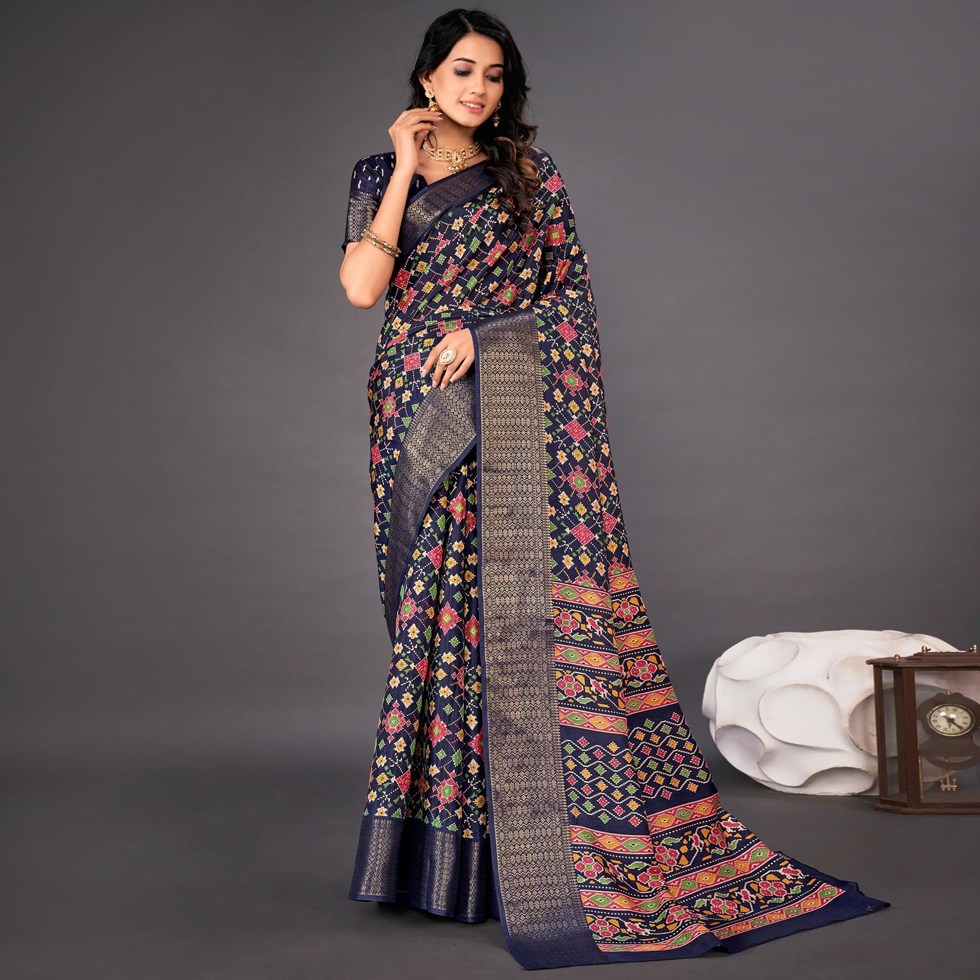 Navy Blue Printed Dola Silk Saree