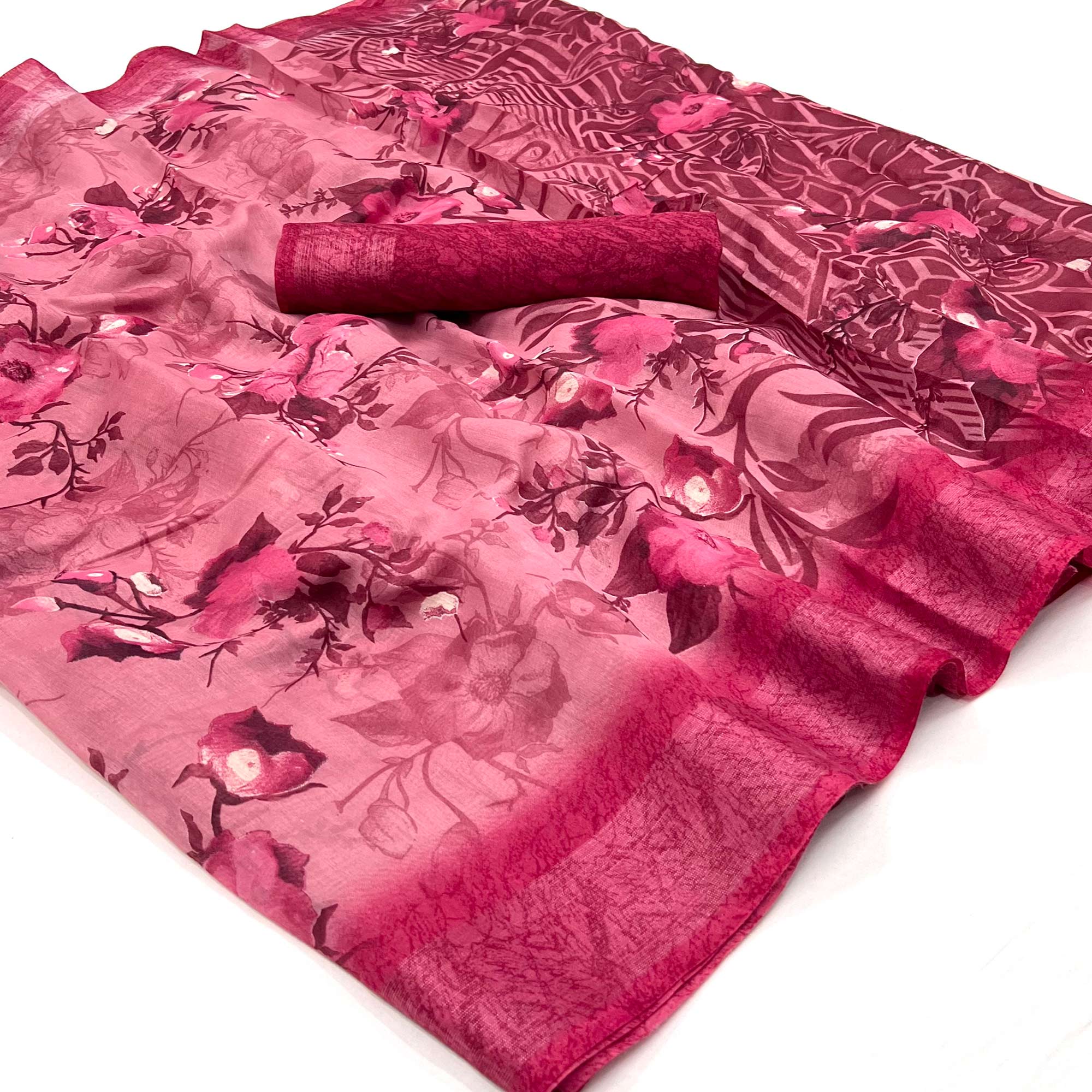 Pink Floral Printed Linen Saree