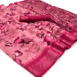 Pink Floral Printed Linen Saree