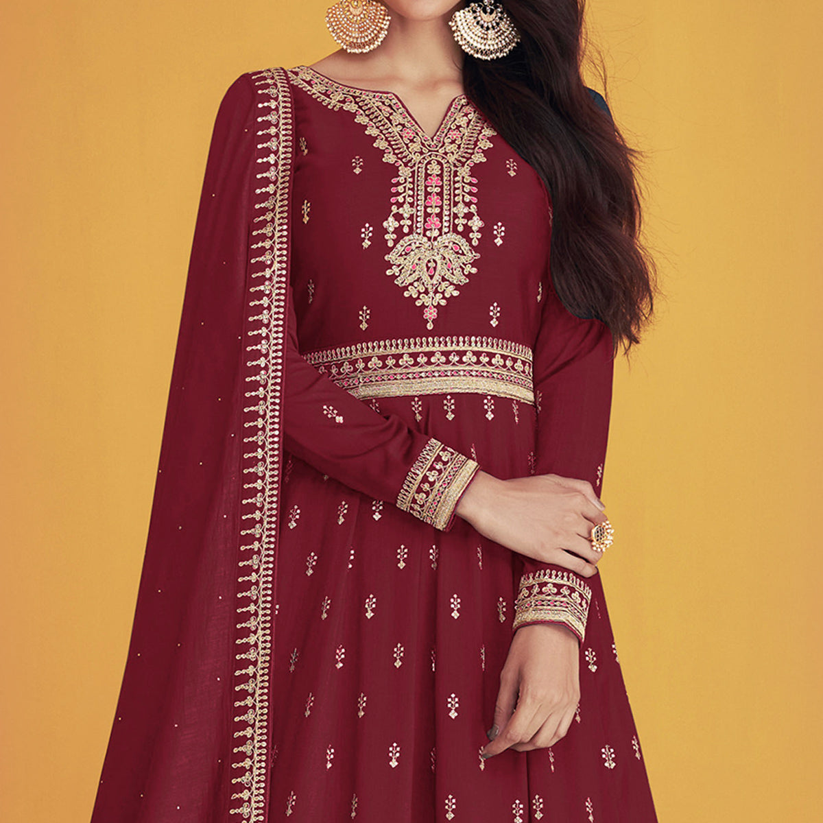 Maroon Sequins Embroidered Georgette Semi Anarkali Suit
