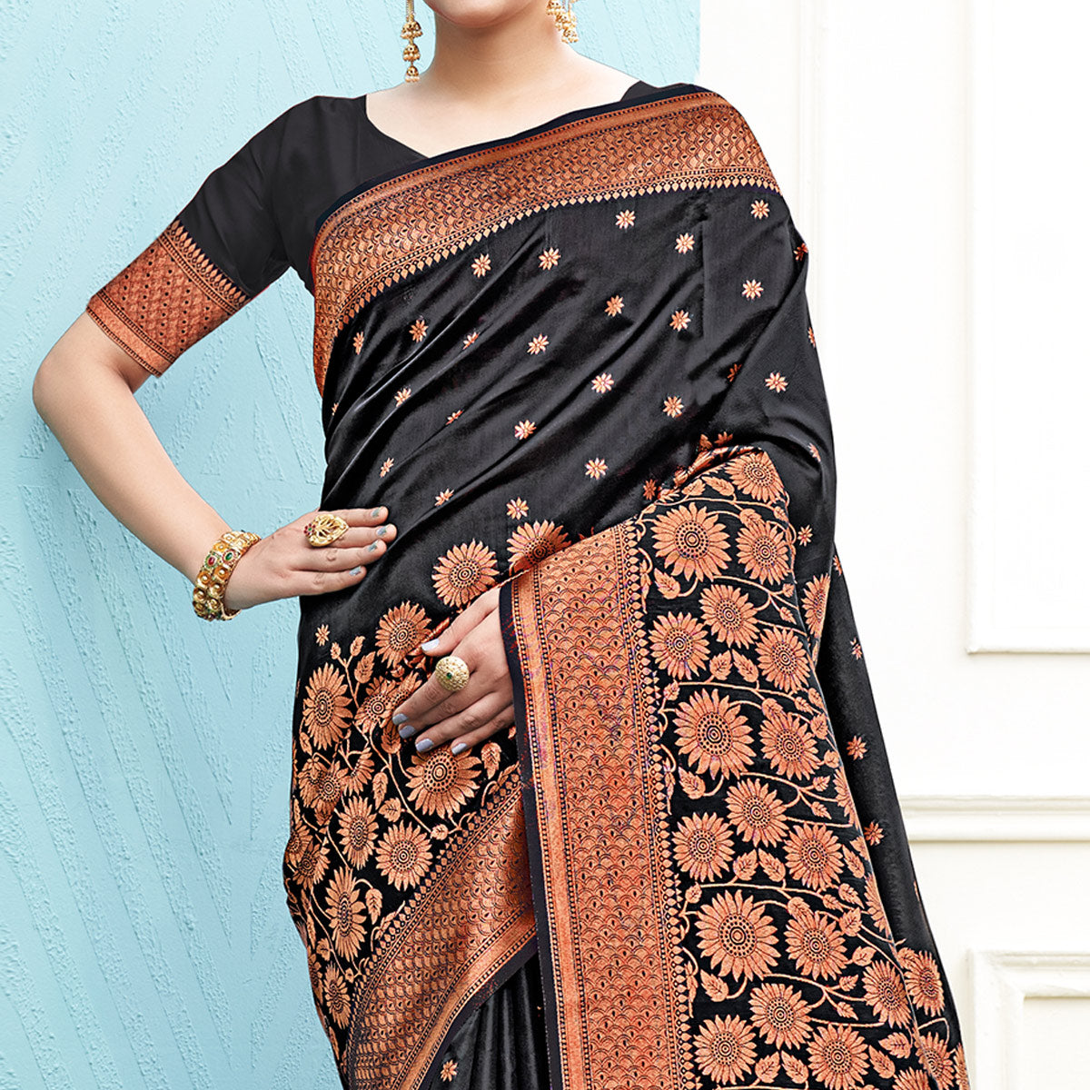 Black Floral Woven Art Silk Saree