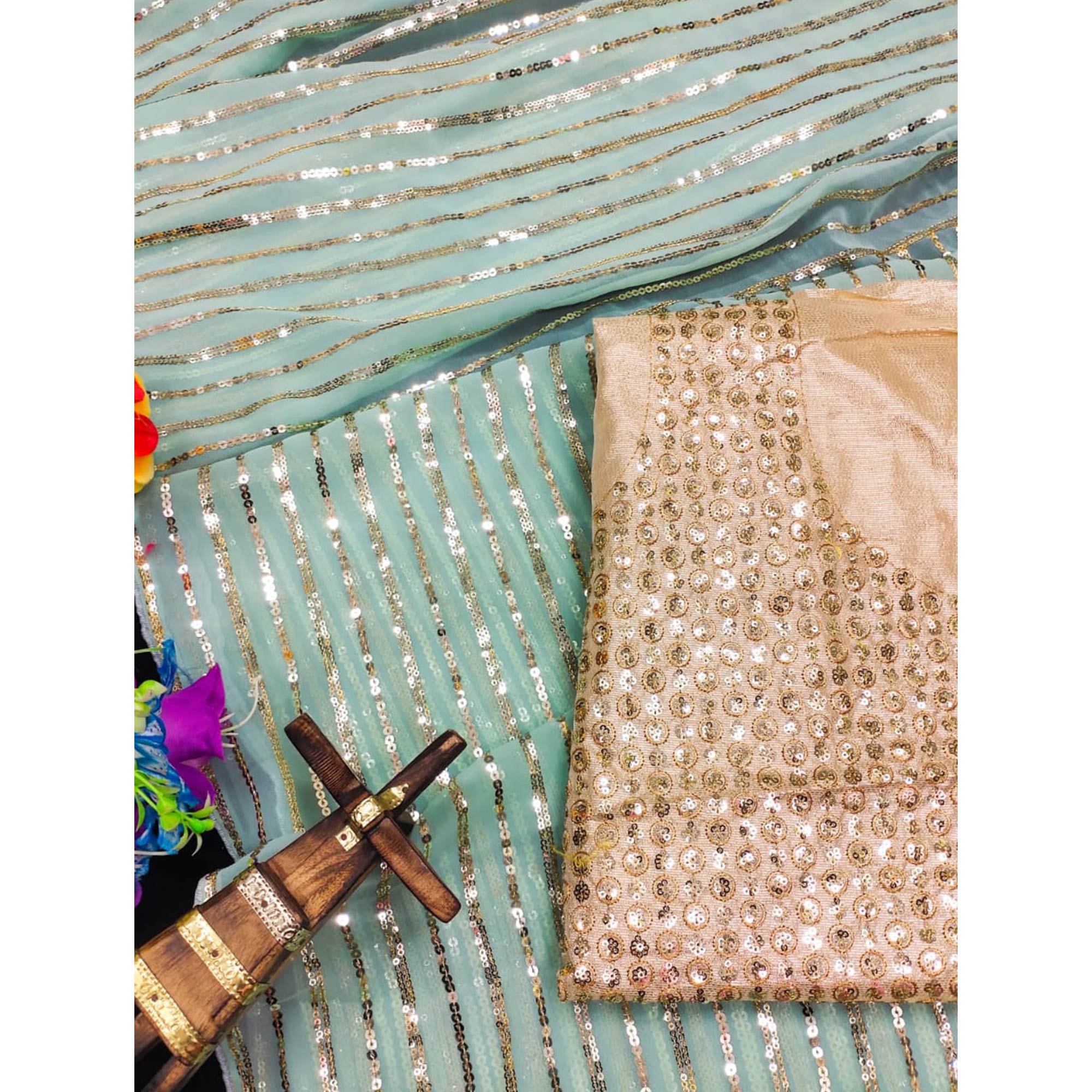 Sea Green Sequins Embroidered Georgette Saree