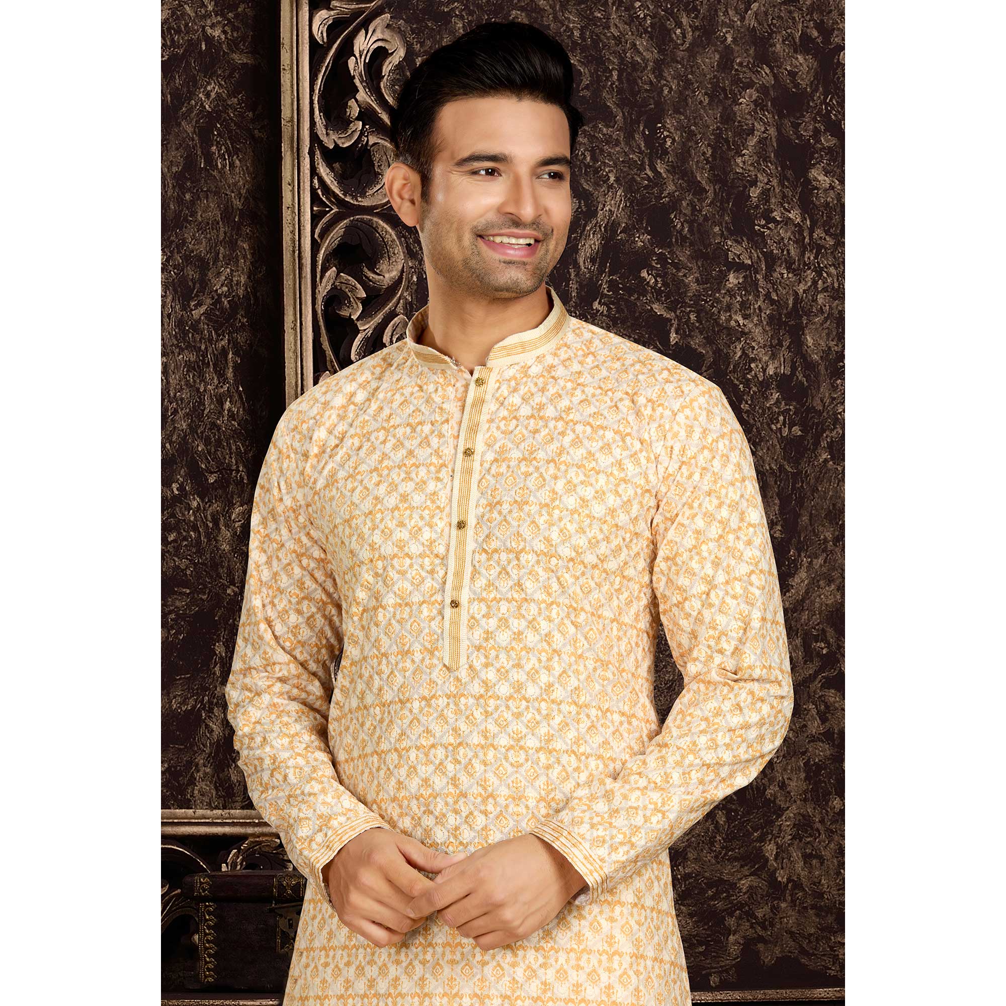 Light Yellow Lucknowi And Digital Printed Cotton Kurta Pyjama Set
