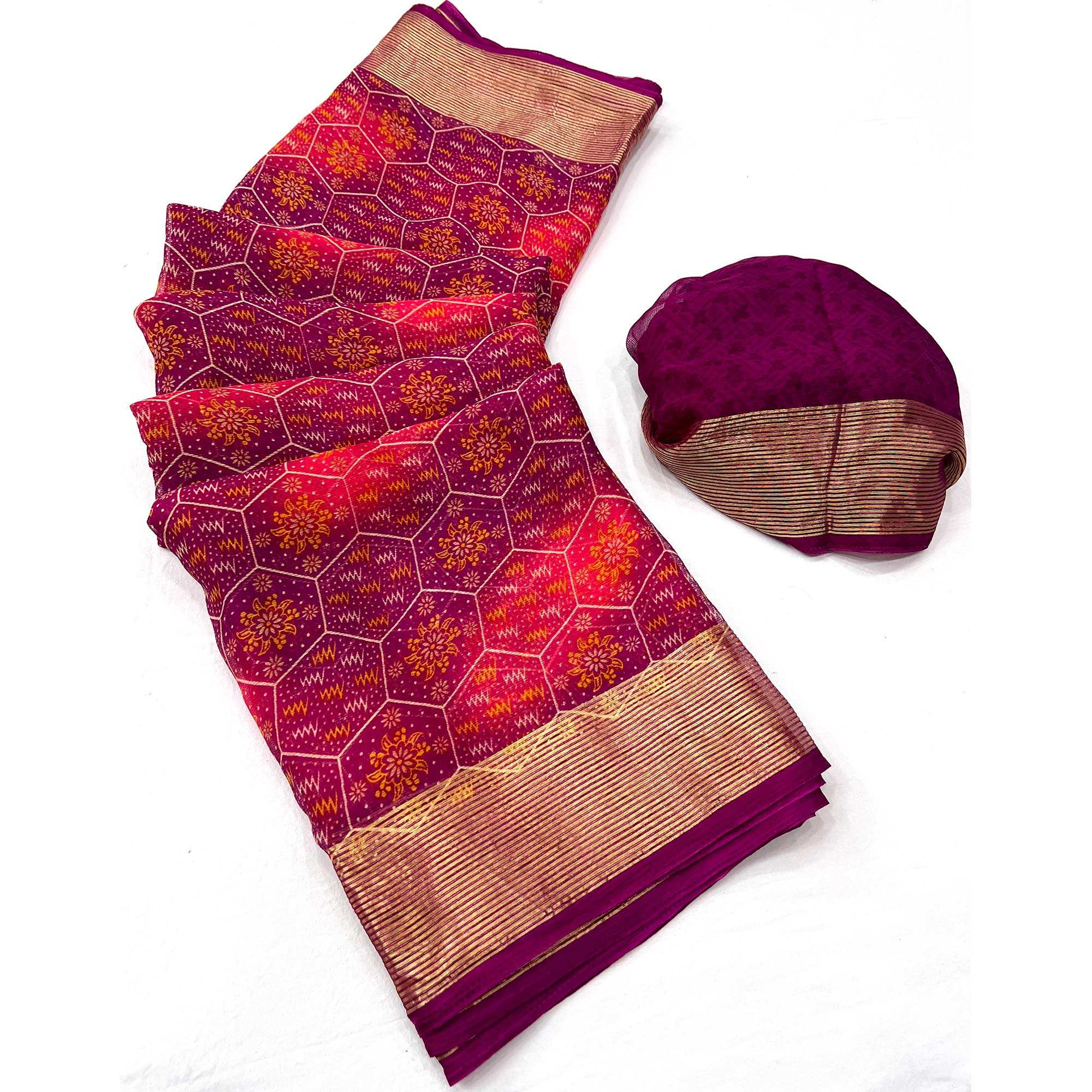 Purple & Pink Floral Printed Chiffon Saree