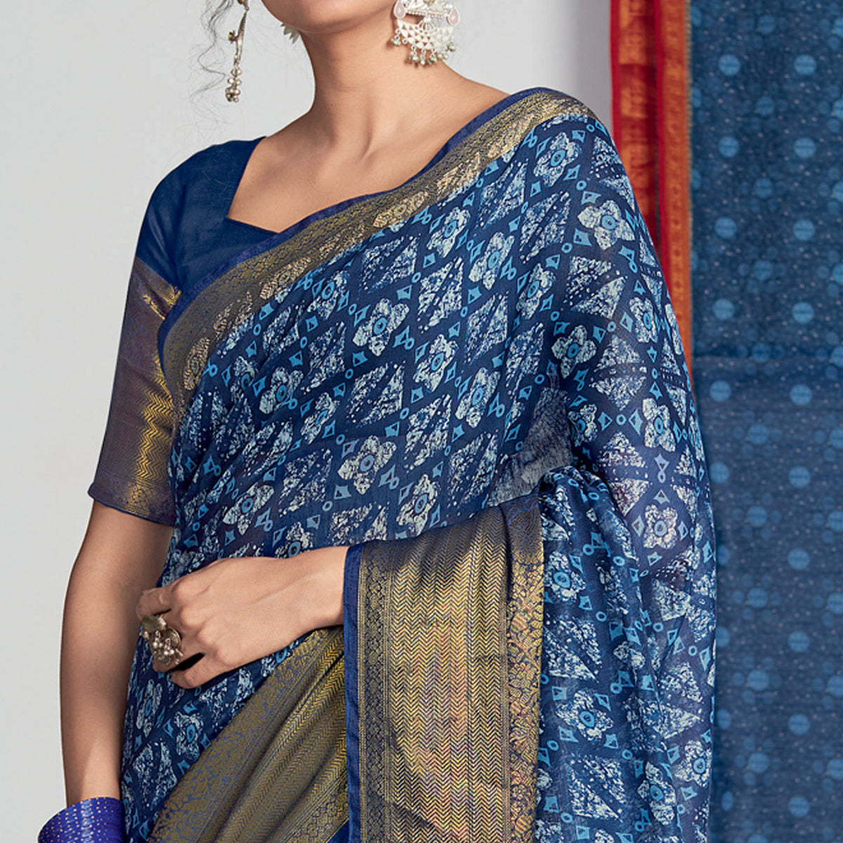 Blue Printed With Woven Border Cotton Blend Saree