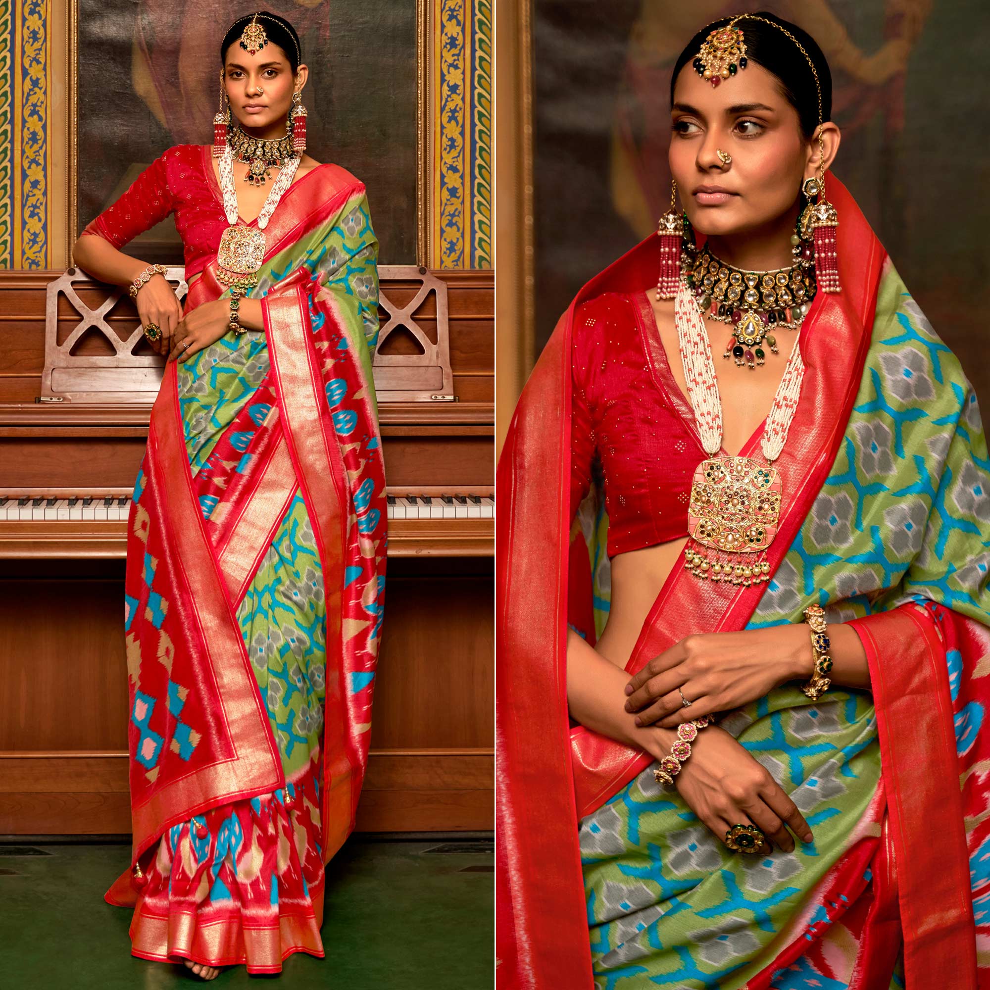Green & Red Printed Art Silk Saree