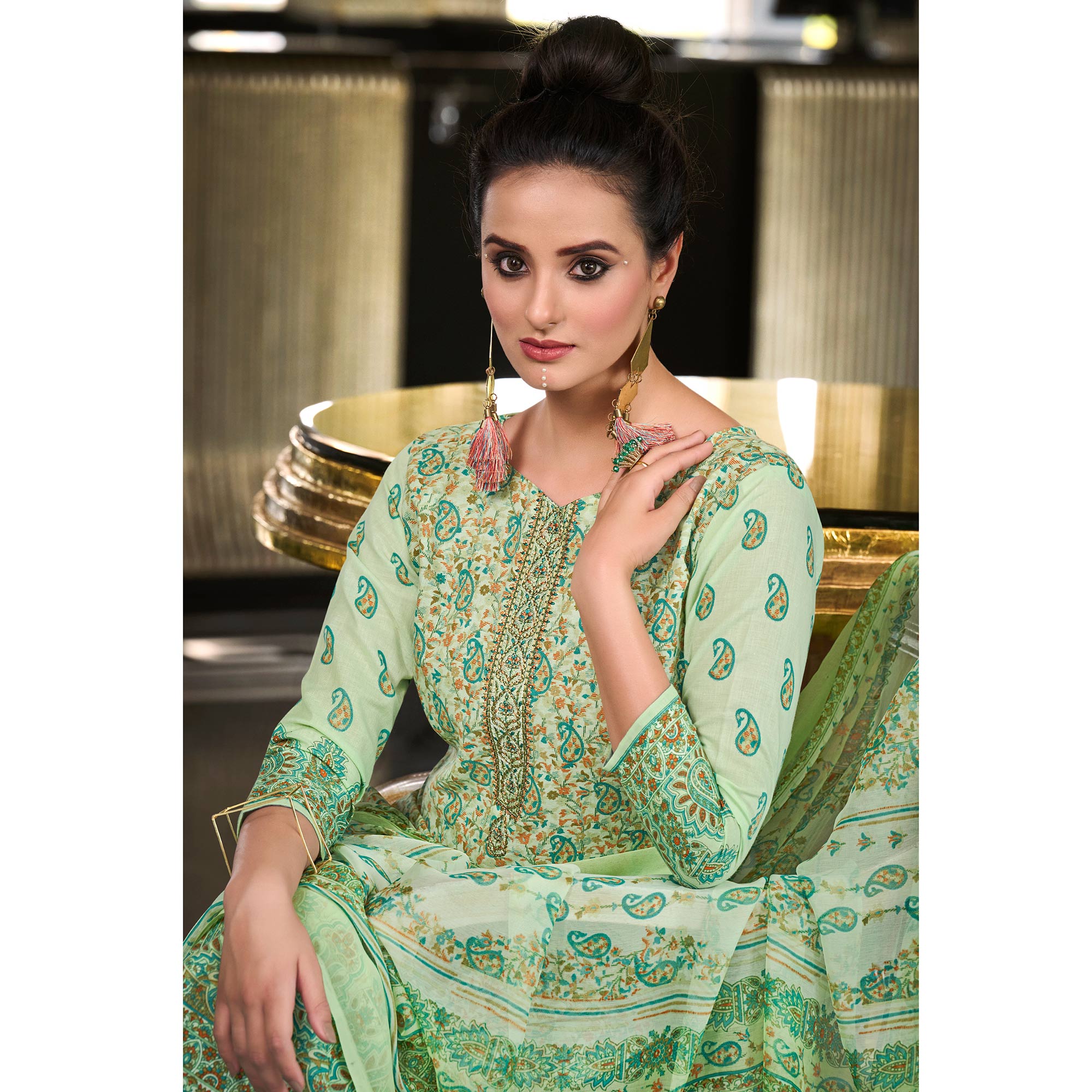 Green Printed With Embroidered Pure Cotton Salwar Suit