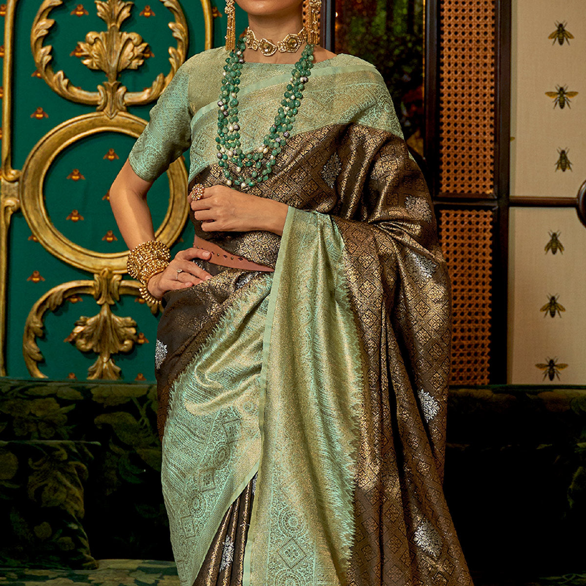 Brown Woven Art Silk Saree With Tassels