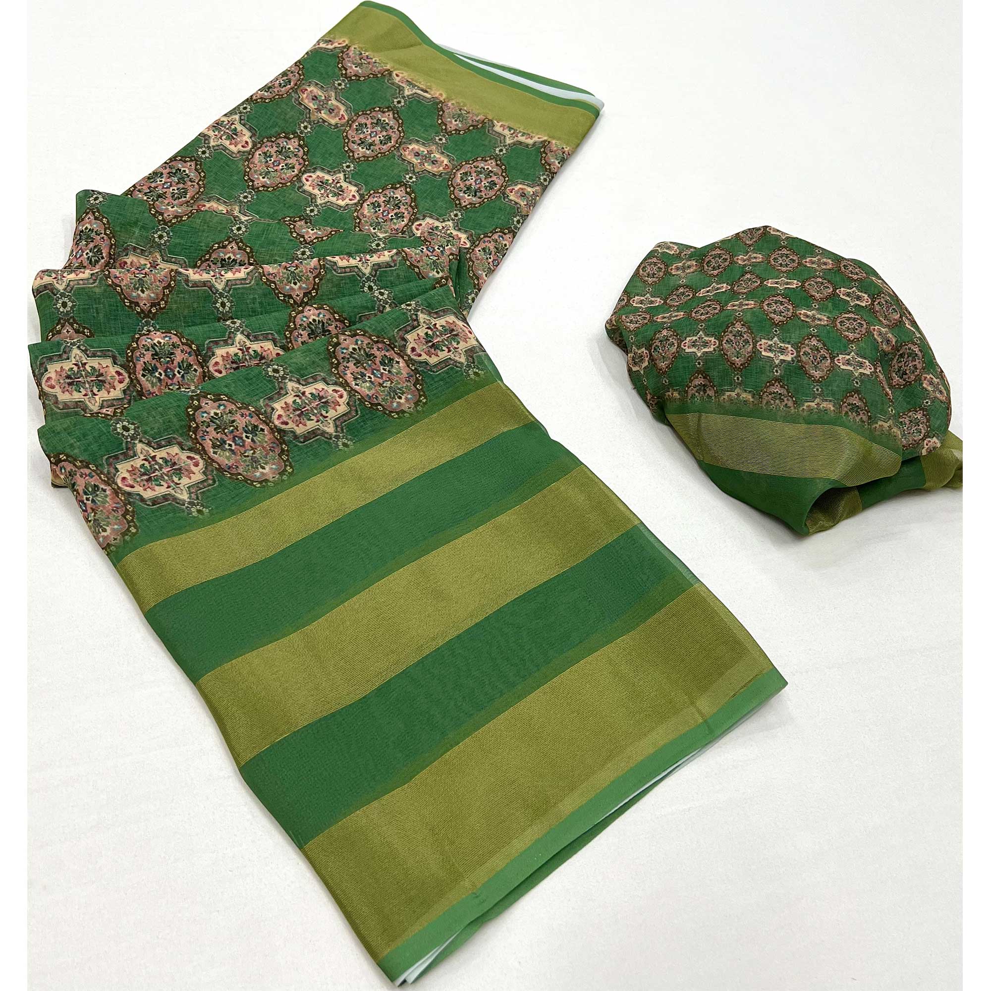 Green Digital Floral Printed Viscose Saree