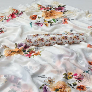 White Floral Digital Printed Georgette Saree