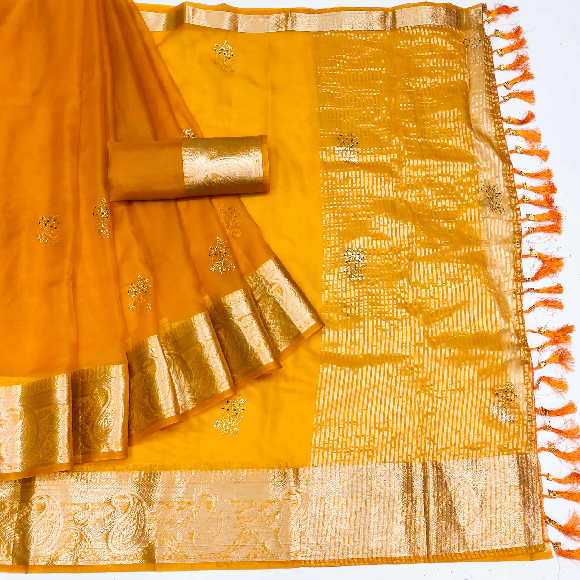 Yellow Floral Foil With Woven Border Organza Saree
