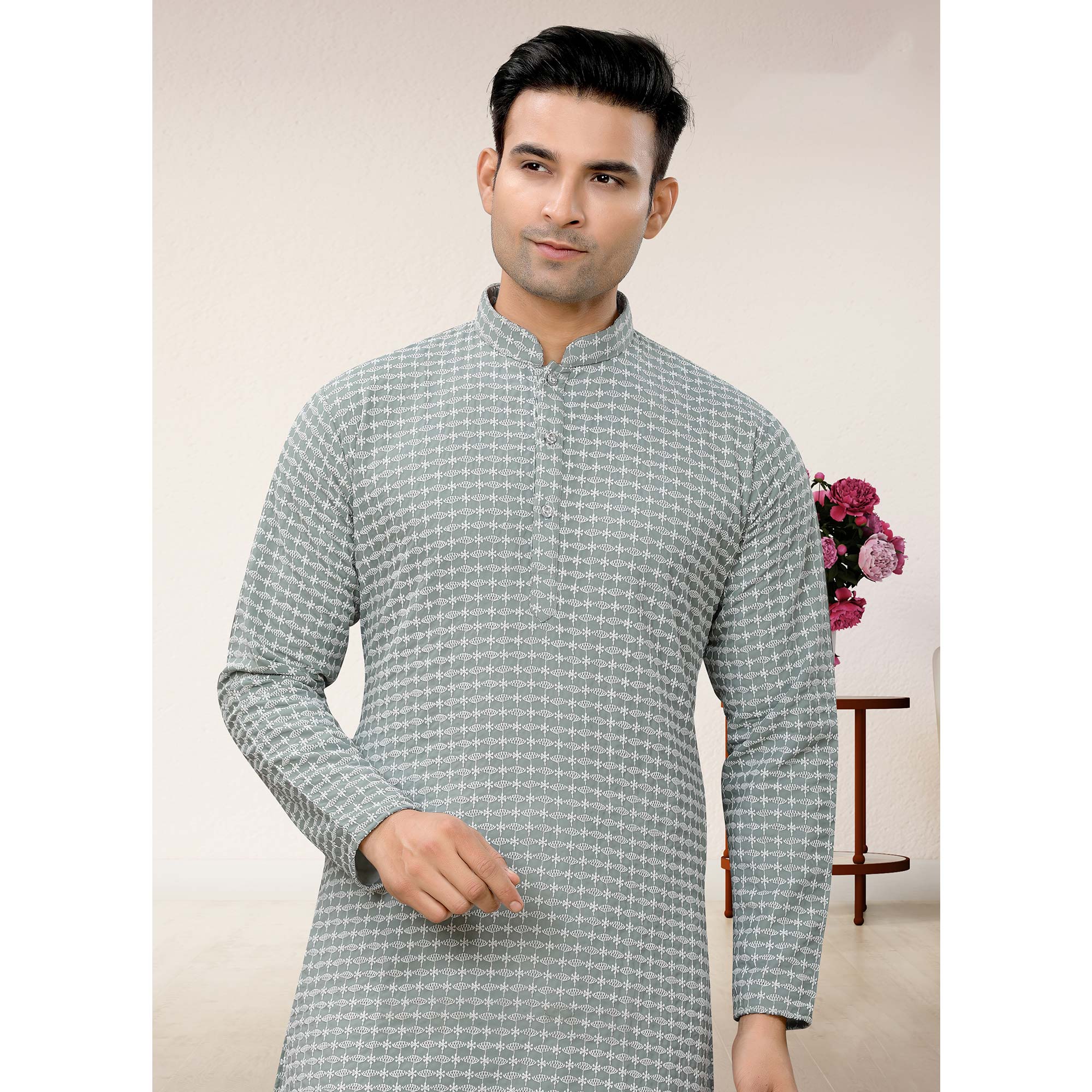 Grey Lucknowi Embroidered Georgette Kurta Pyjama Set