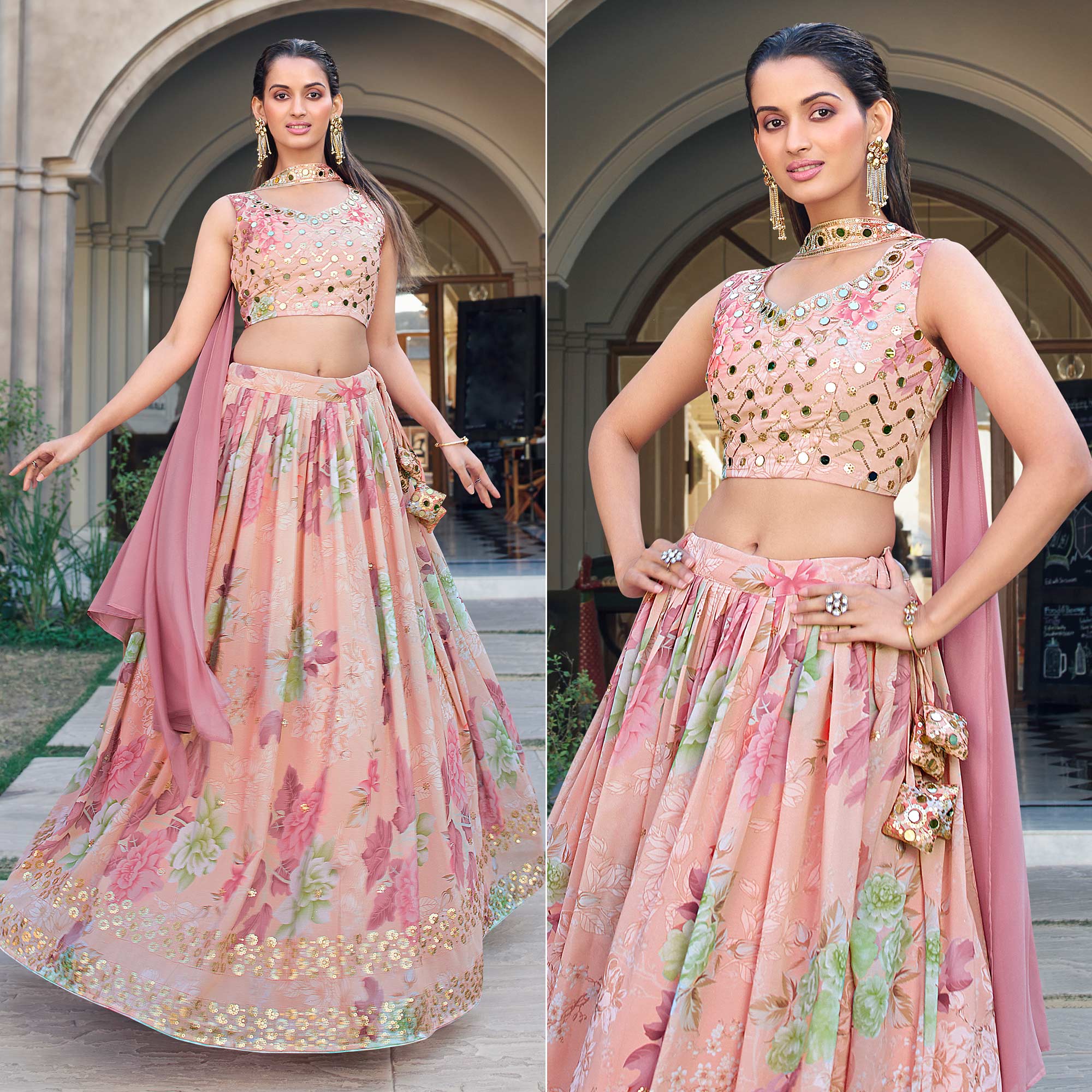 Pink Printed With Sequins Embroidered Georgette Lehenga Choli