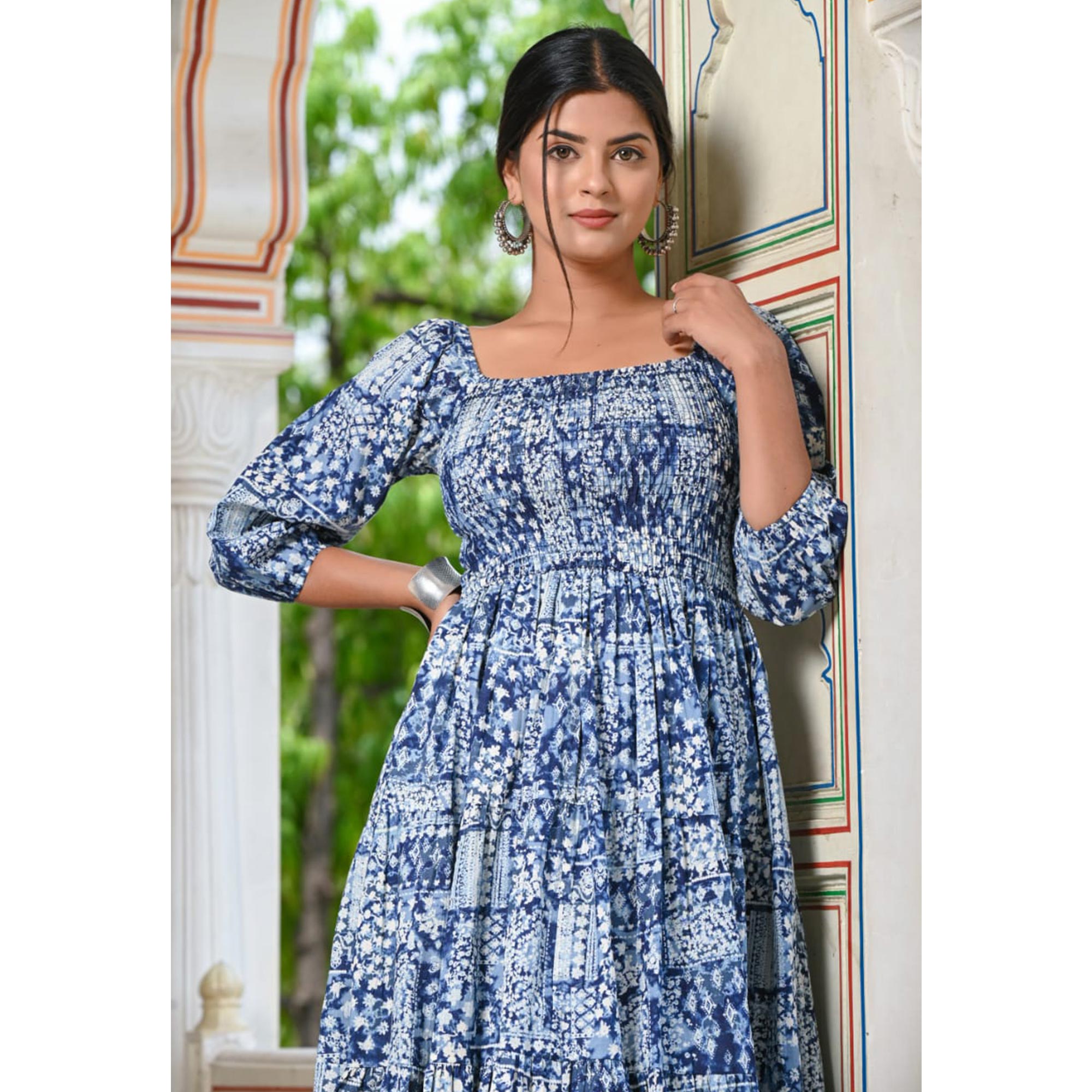 Blue Floral Printed Pure Cotton Dress