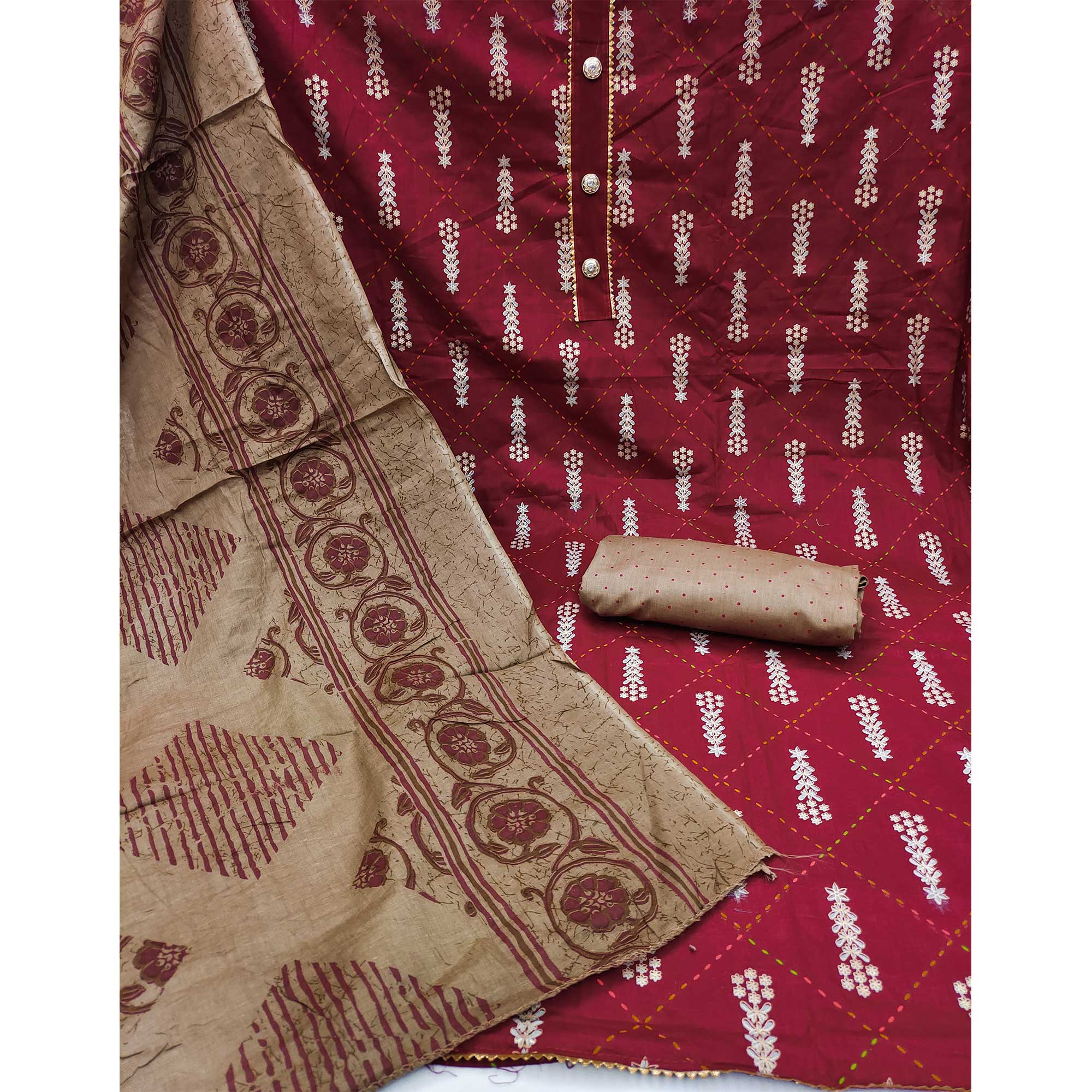 Red Printed Pure Cotton Dress Material