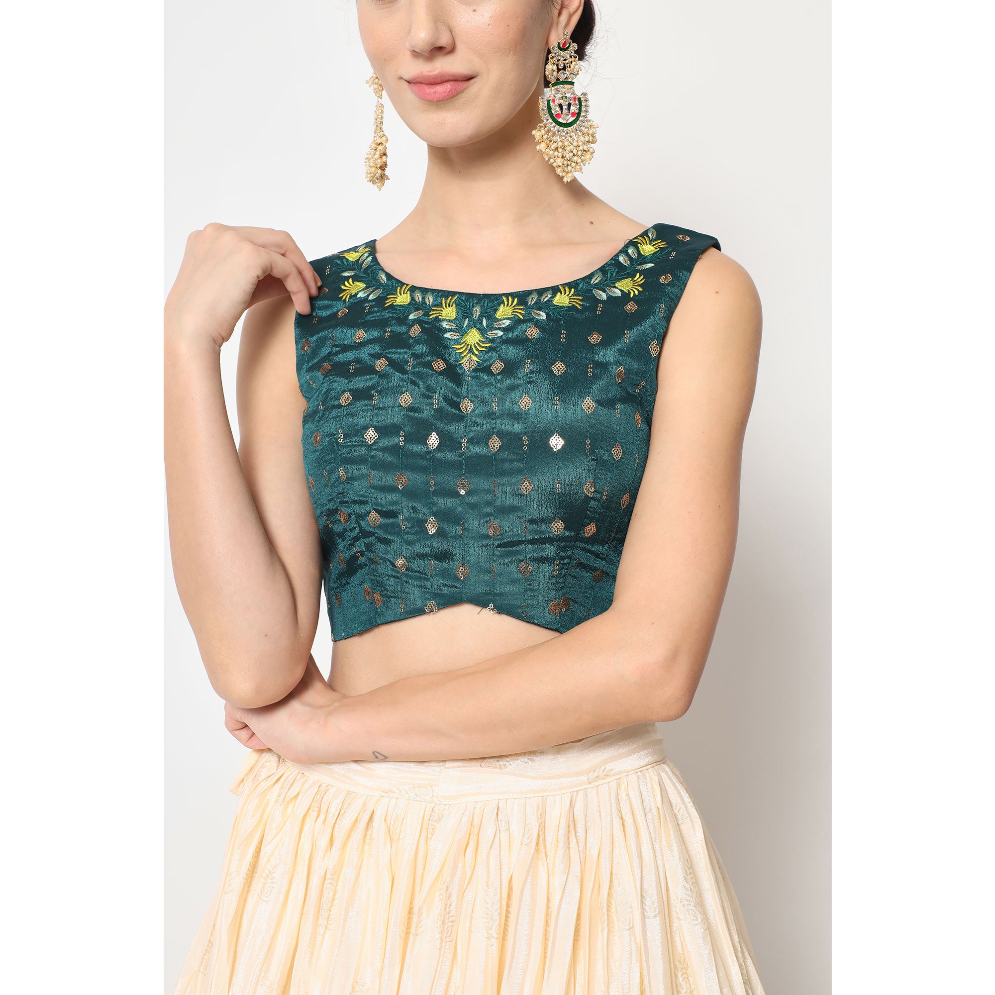 Cream Foil Printed Chiffon Lehenga Choli