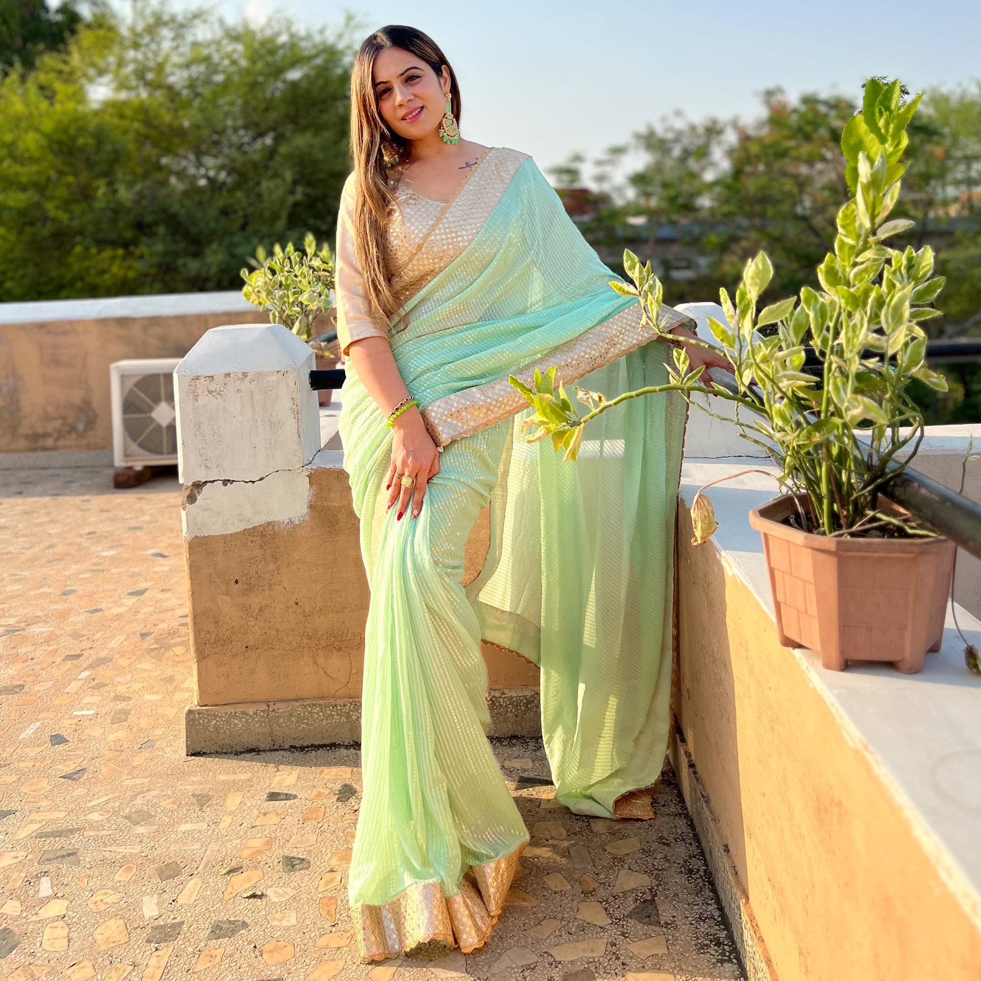 Pista Green Sequins Embroidered Georgette Saree