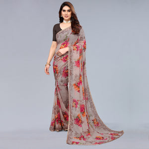 Beige Floral Printed Georgette Saree