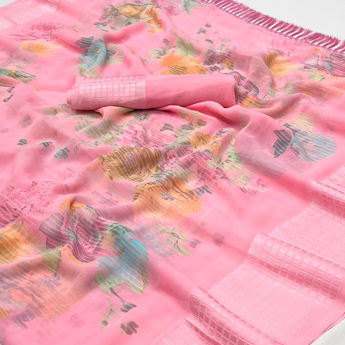Pink Floral Printed Georgette Saree With Tassels