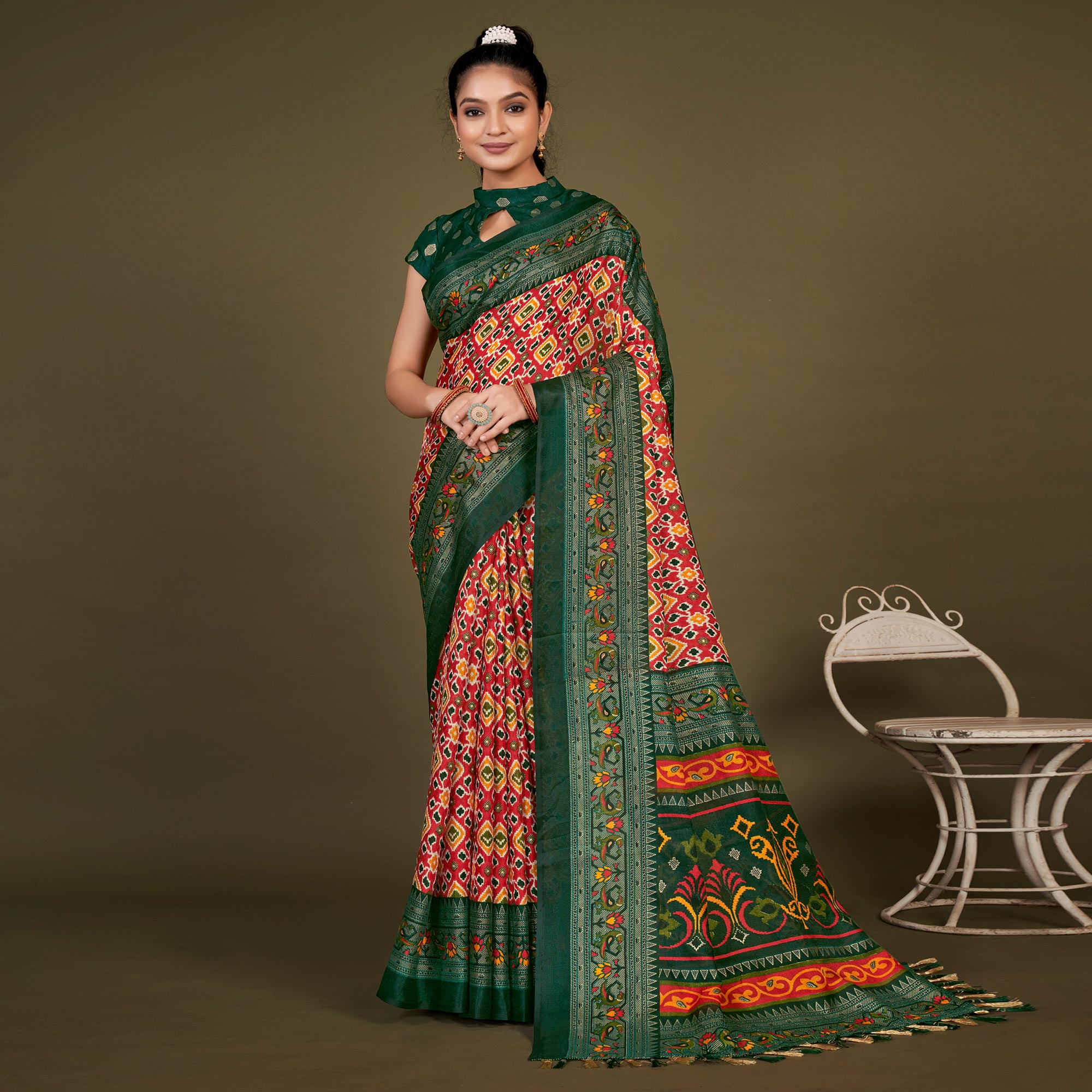 Red Printed Jute Patola Saree With Tassels