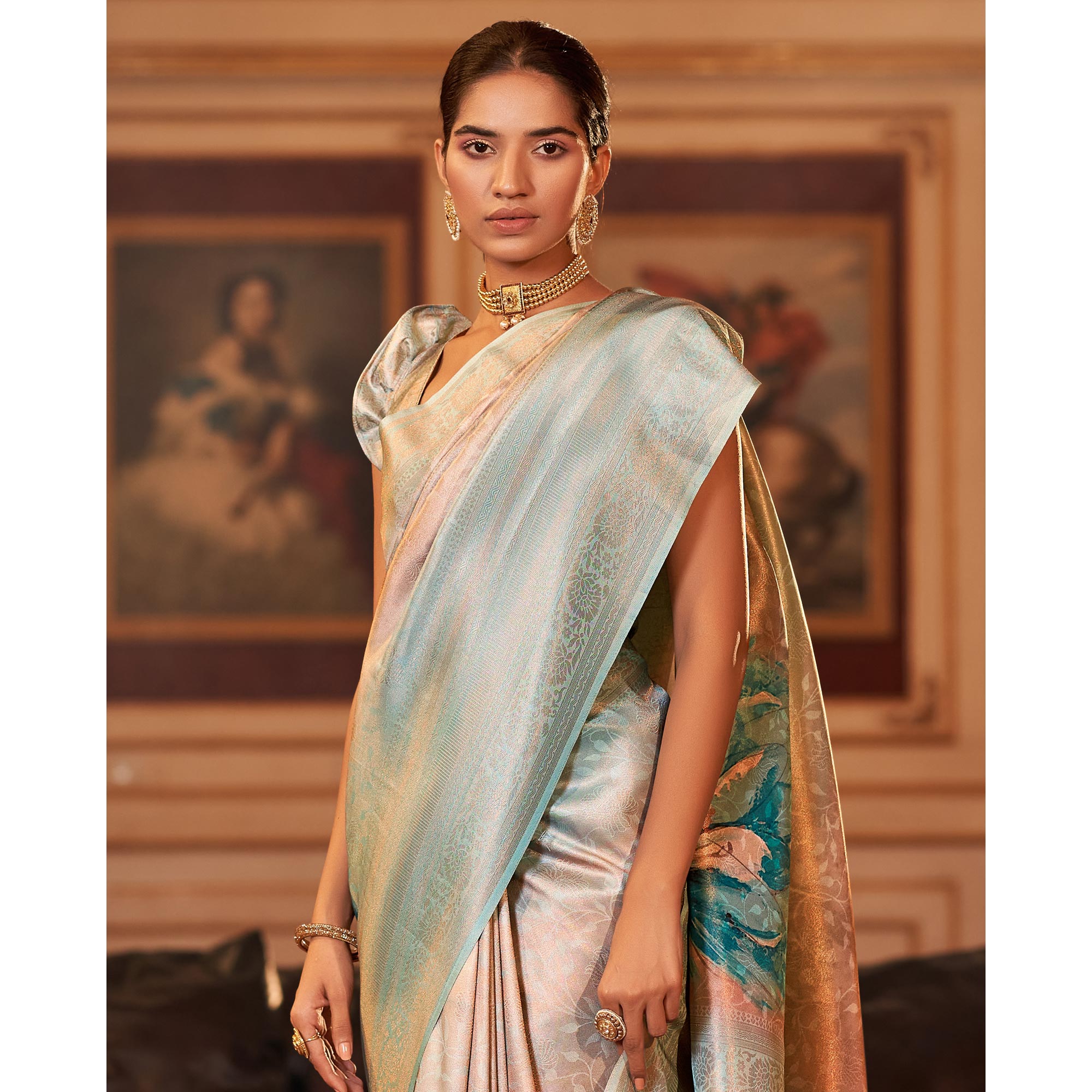 Peach & Sky Blue Woven Jacquard Saree With Tassels