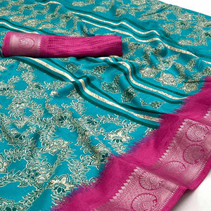 Blue Floral Printed With Woven Border Dola Silk Saree