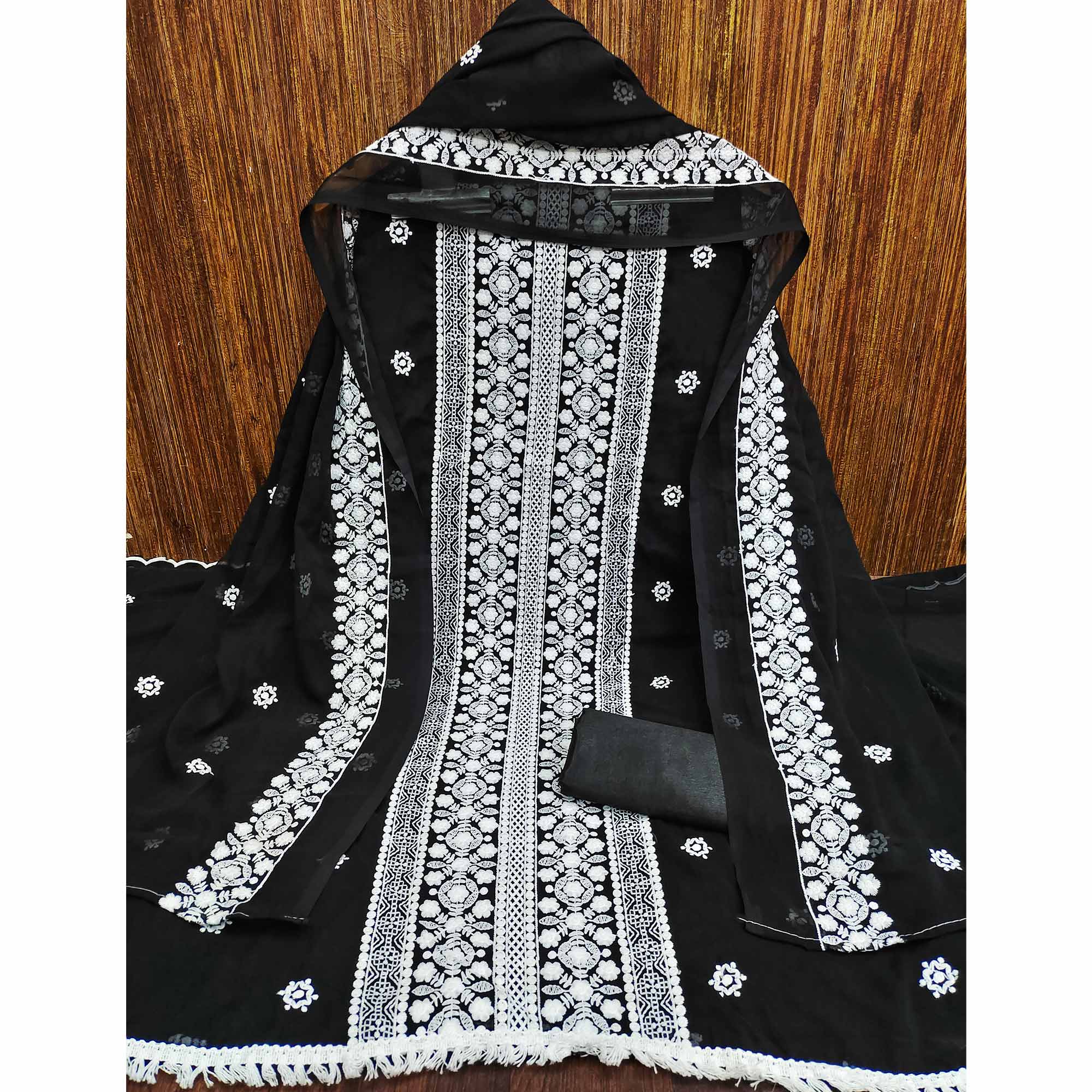 Black Lucknowi Embroidered Georgette Dress Material