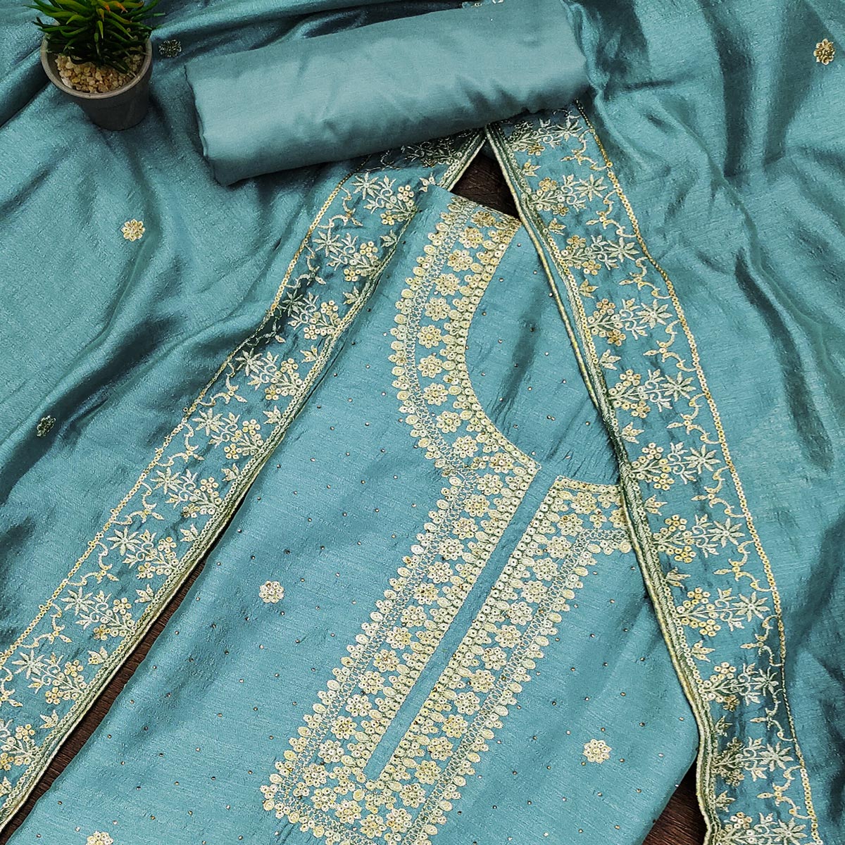 Sky Blue Floral Embroidered Modal Dress Material