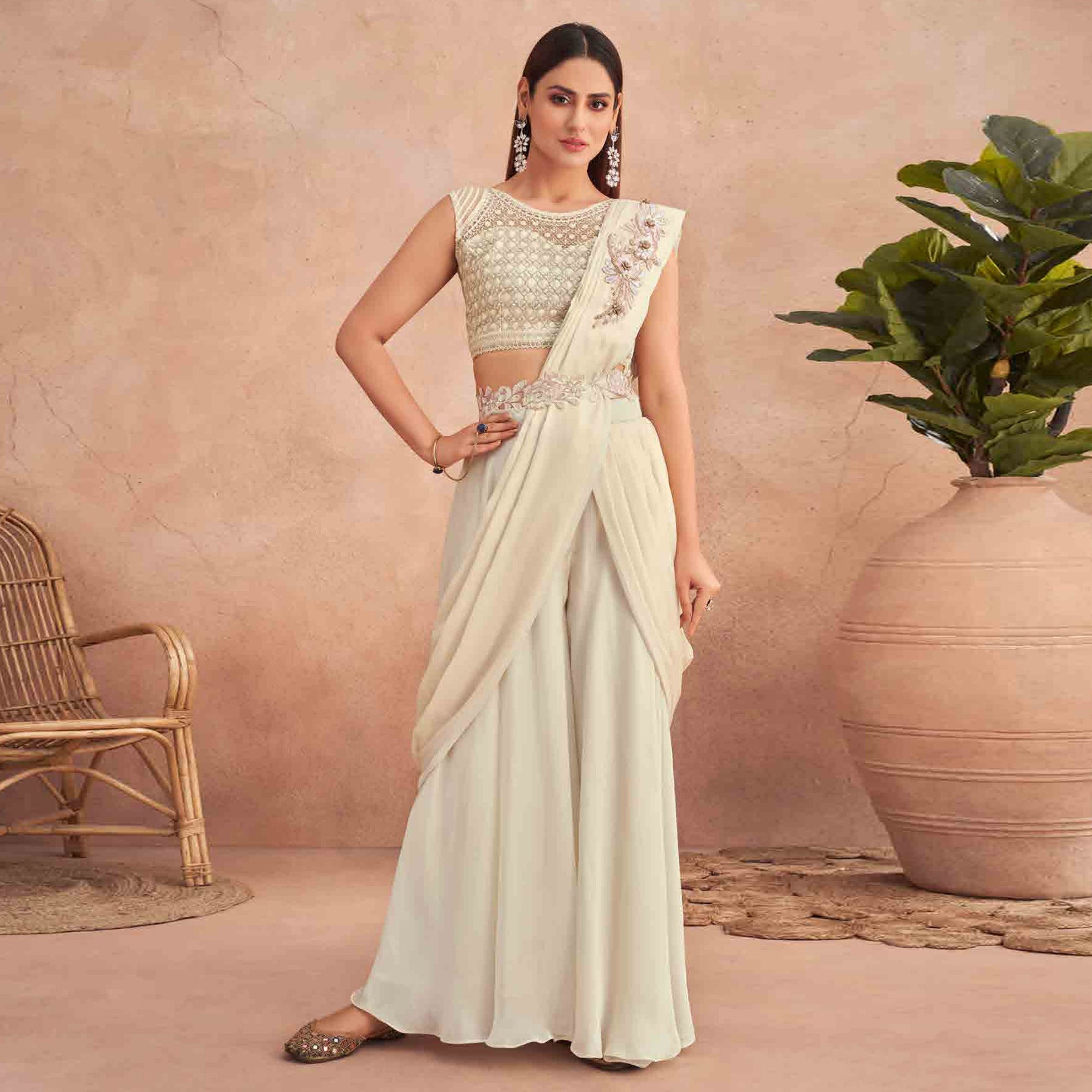 Cream Sequins Embroidered Ready to Wear Poly Satin Saree
